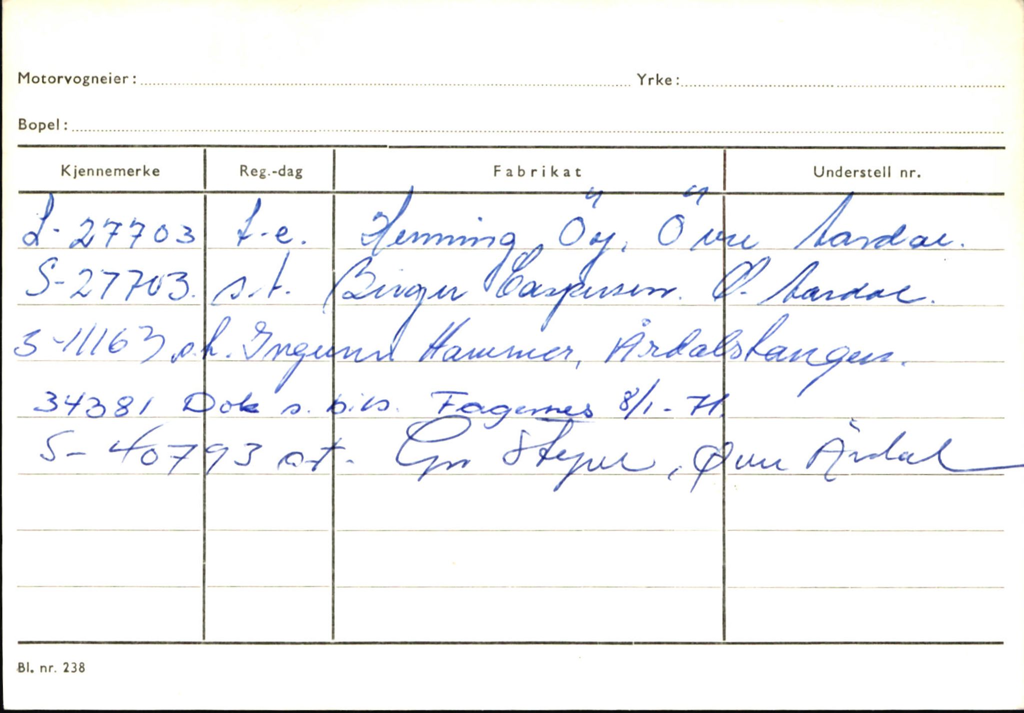 Statens vegvesen, Sogn og Fjordane vegkontor, SAB/A-5301/4/F/L0146: Registerkort Årdal R-Å samt diverse kort, 1945-1975, p. 665