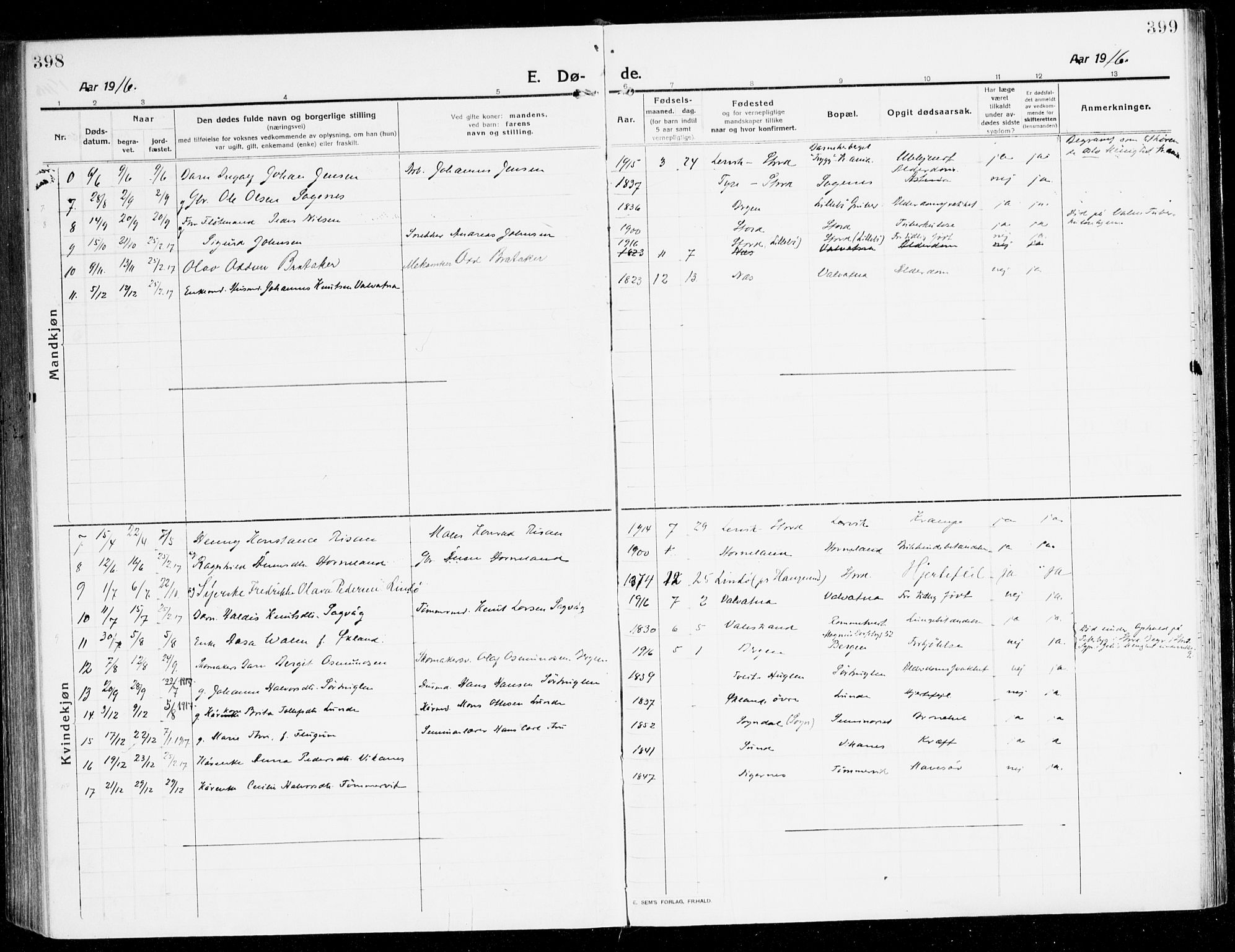 Stord sokneprestembete, AV/SAB-A-78201/H/Haa: Parish register (official) no. B 3, 1913-1925, p. 398-399