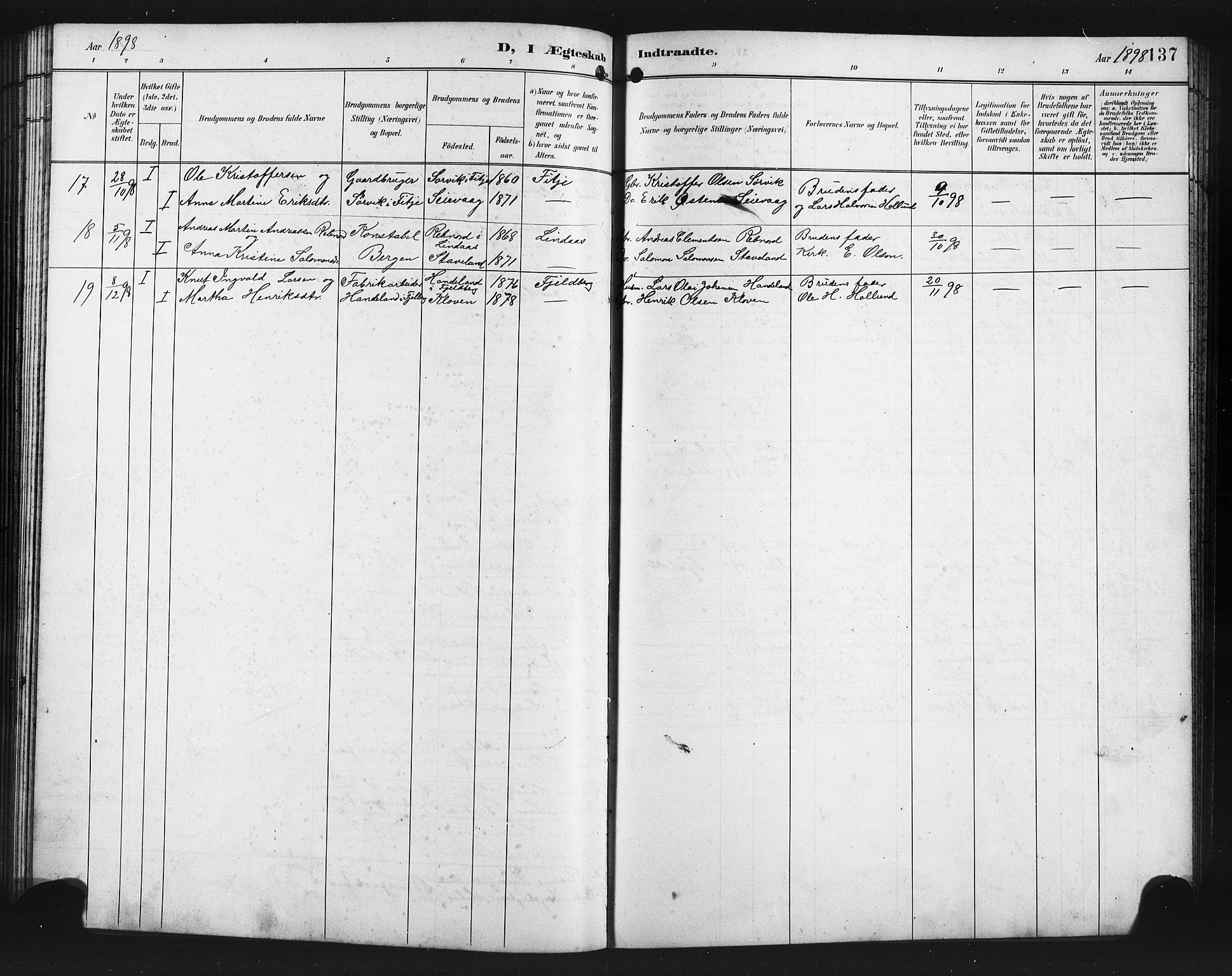 Finnås sokneprestembete, SAB/A-99925/H/Ha/Hab/Habb/L0004: Parish register (copy) no. B 4, 1897-1907, p. 137