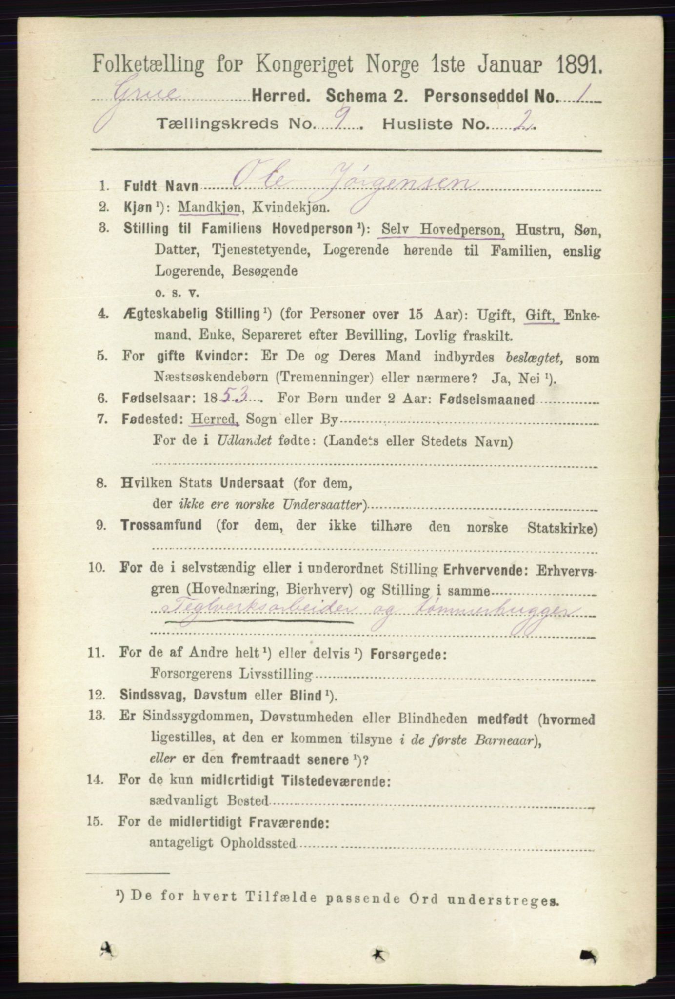 RA, 1891 census for 0423 Grue, 1891, p. 4887