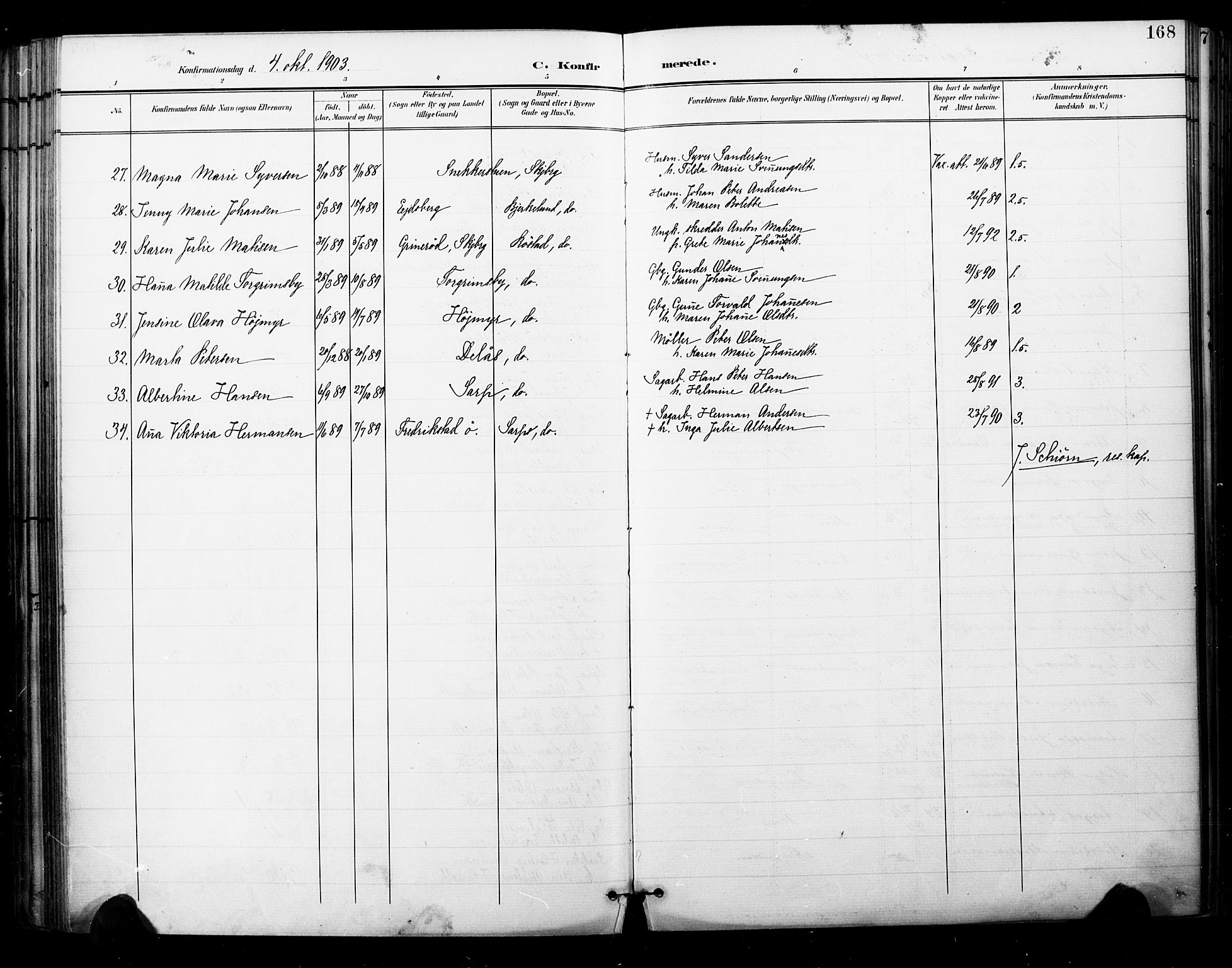 Skjeberg prestekontor Kirkebøker, SAO/A-10923/F/Fa/L0010: Parish register (official) no. I 10, 1898-1911, p. 168