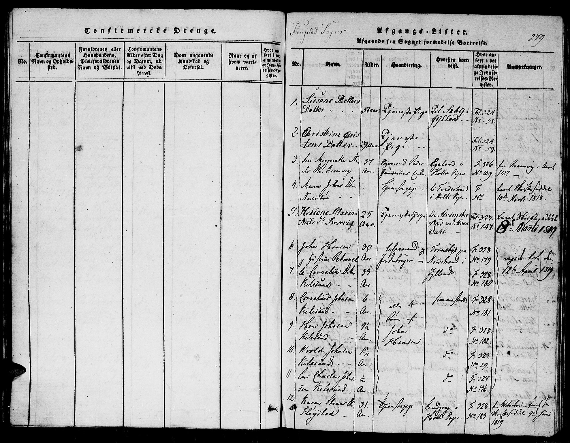 Dypvåg sokneprestkontor, SAK/1111-0007/F/Fb/Fbb/L0001: Parish register (copy) no. B 1, 1816-1850, p. 279