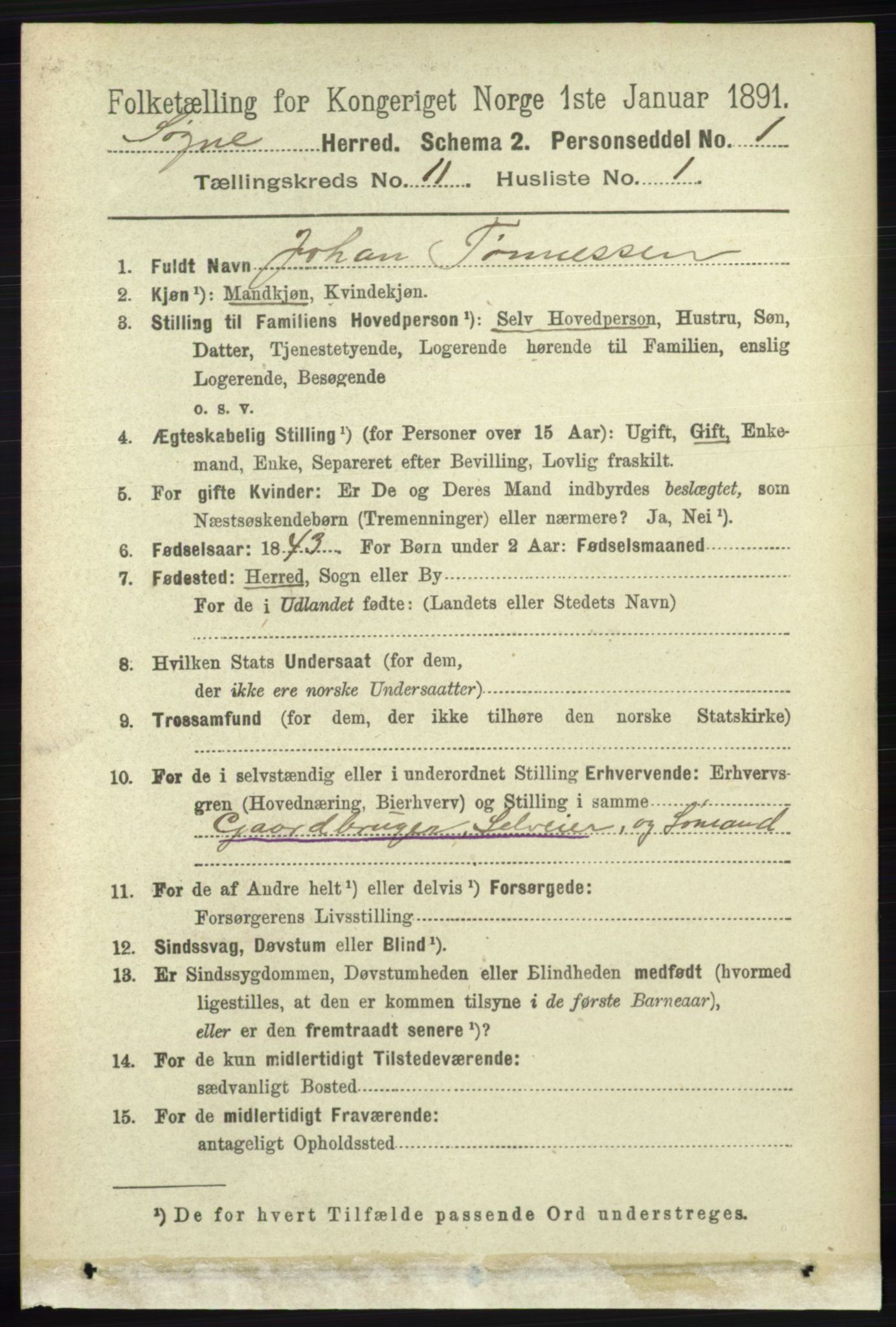 RA, 1891 census for 1018 Søgne, 1891, p. 2922