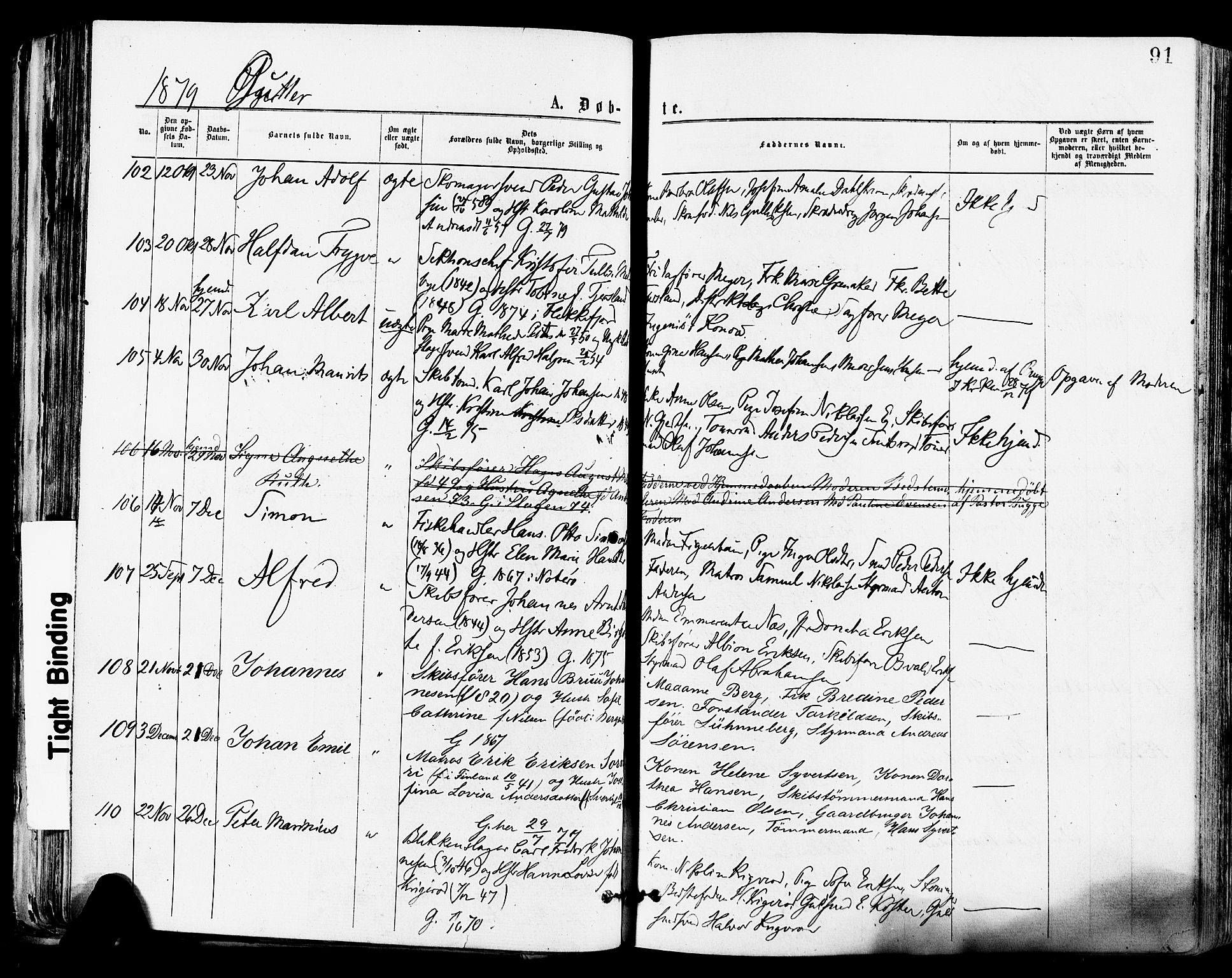 Tønsberg kirkebøker, AV/SAKO-A-330/F/Fa/L0010: Parish register (official) no. I 10, 1874-1880, p. 91