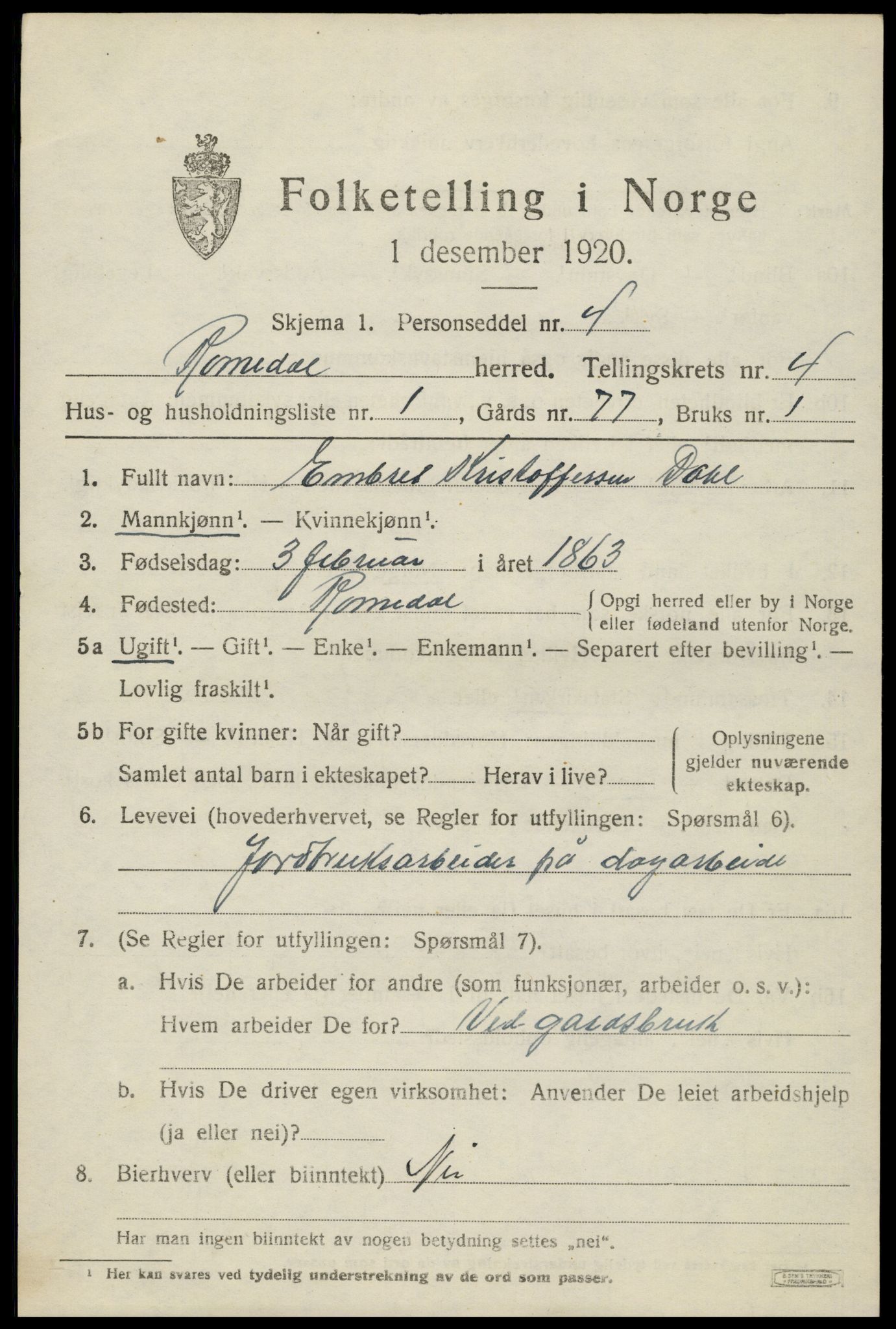 SAH, 1920 census for Romedal, 1920, p. 5637