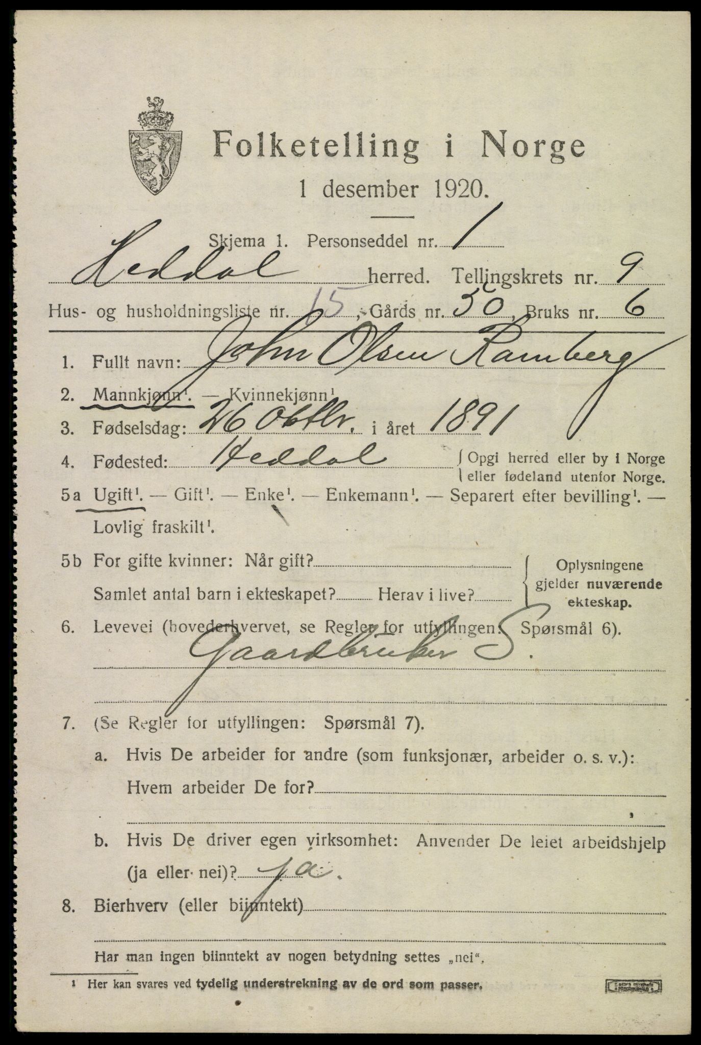 SAKO, 1920 census for Heddal, 1920, p. 6756