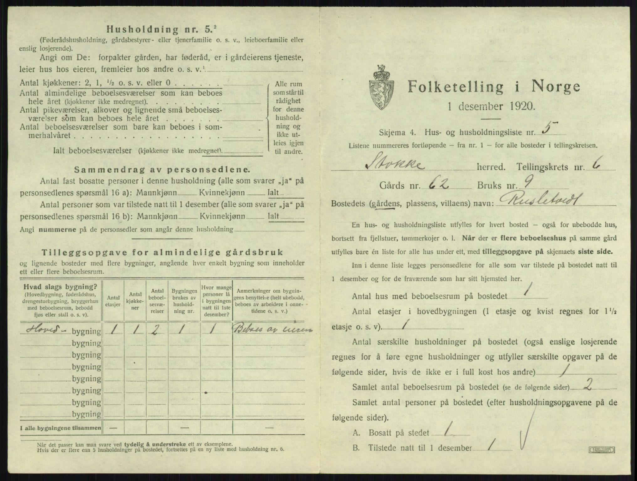 SAKO, 1920 census for Stokke, 1920, p. 1108