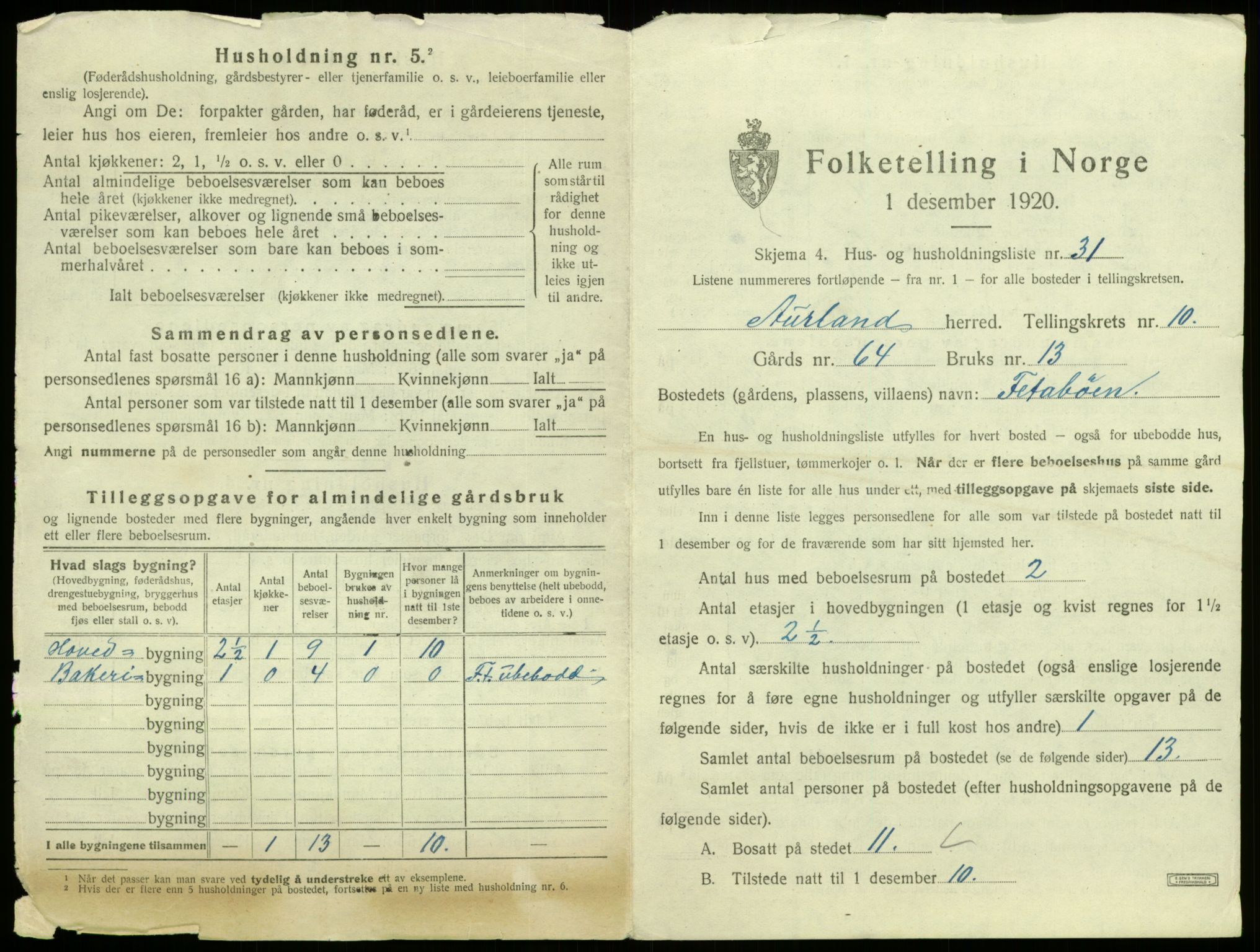 SAB, 1920 census for Aurland, 1920, p. 794