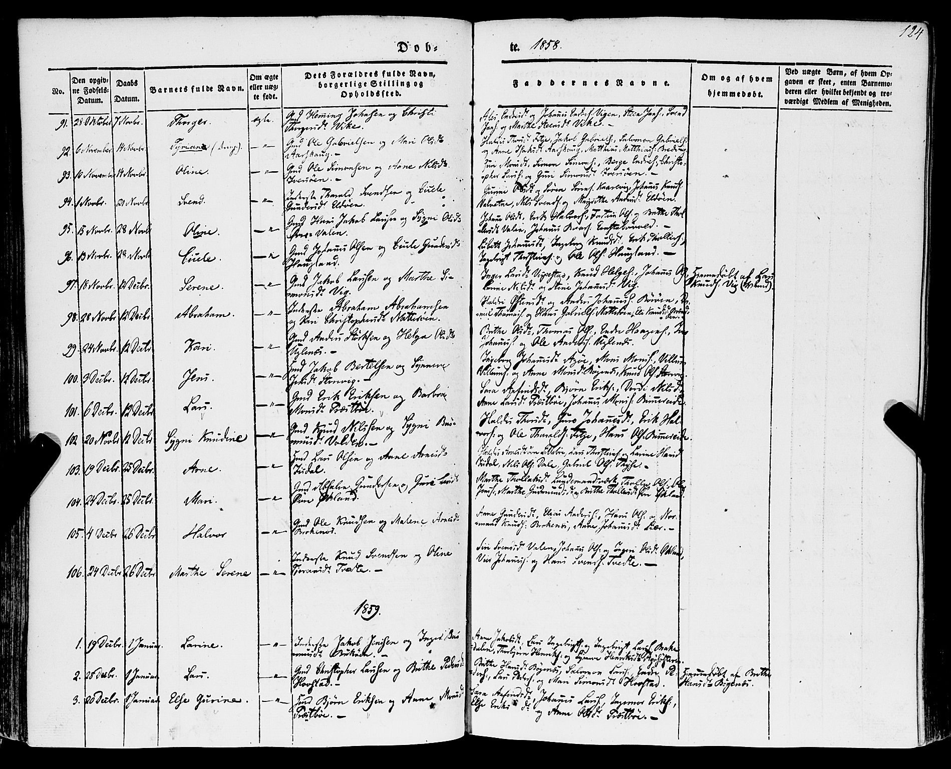 Stord sokneprestembete, SAB/A-78201/H/Haa: Parish register (official) no. A 7, 1841-1861, p. 124