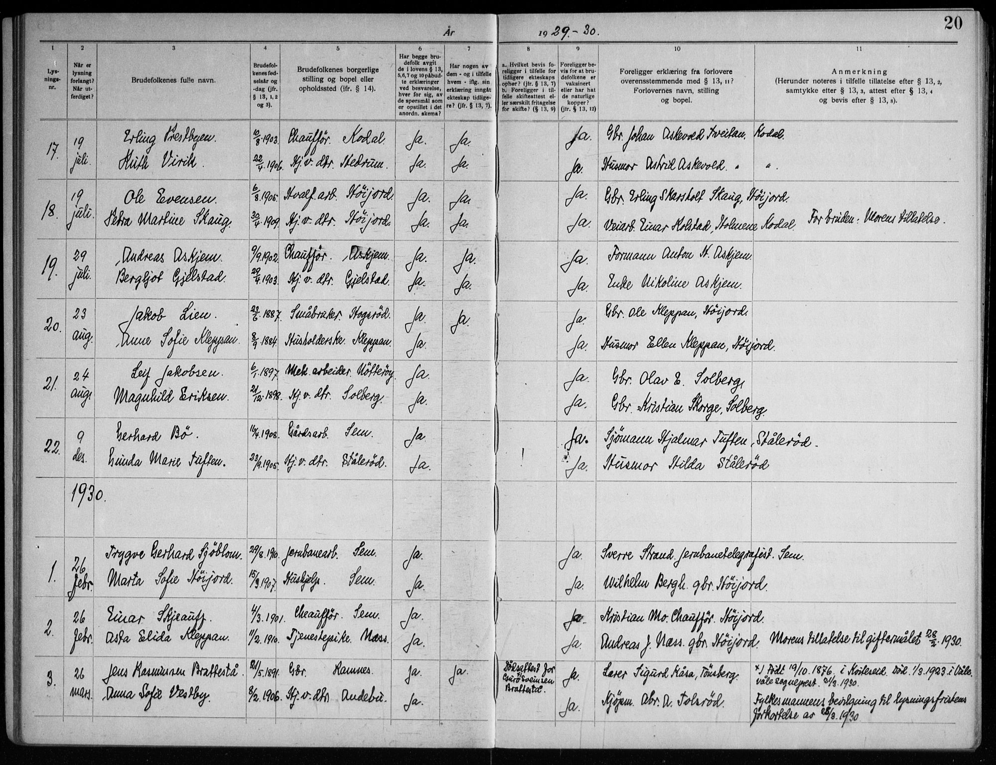 Andebu kirkebøker, AV/SAKO-A-336/H/Ha/L0001: Banns register no. 1, 1919-1964, p. 20