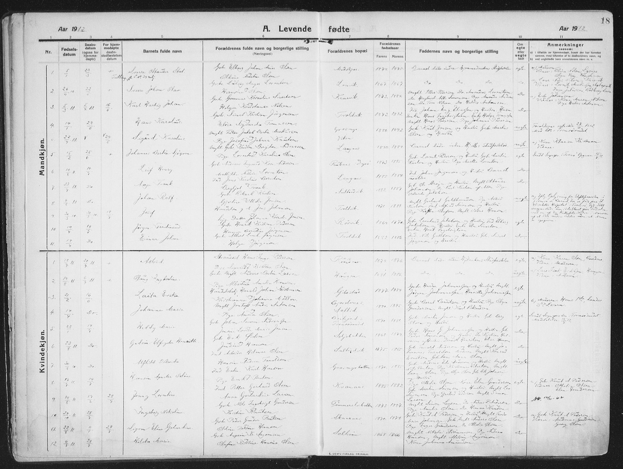 Lenvik sokneprestembete, SATØ/S-1310/H/Ha/Haa/L0016kirke: Parish register (official) no. 16, 1910-1924, p. 18
