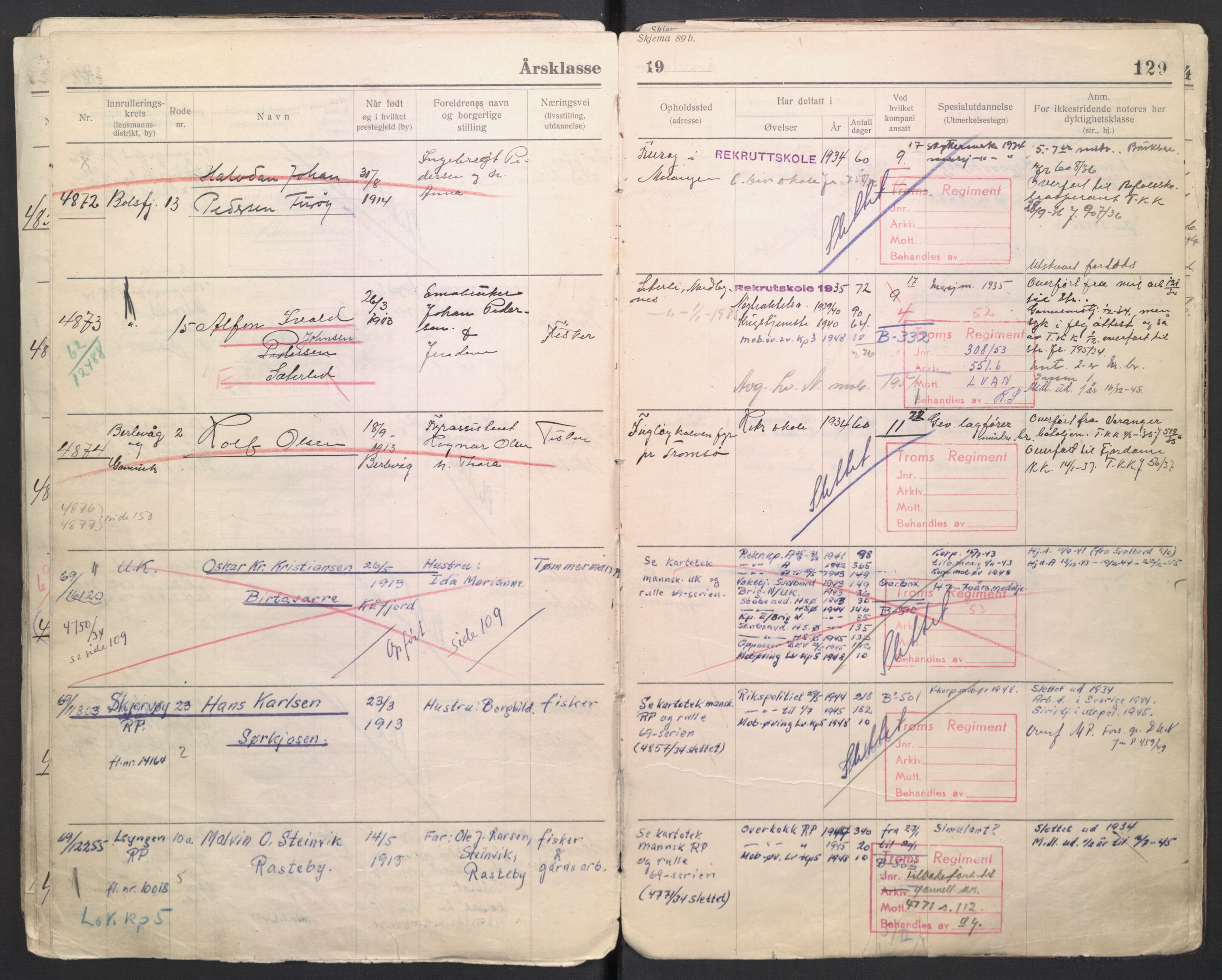 Forsvaret, Troms infanteriregiment nr. 16, AV/RA-RAFA-3146/P/Pa/L0006/0007: Ruller / Rulle for regimentets menige mannskaper, årsklasse 1934, 1934, p. 129