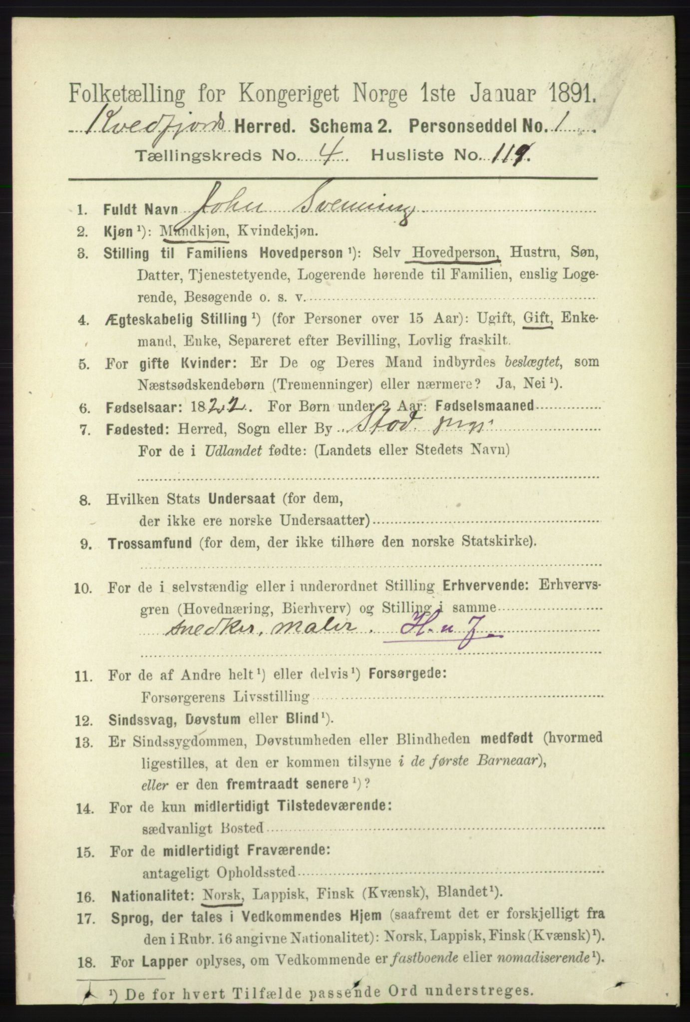 RA, 1891 census for 1911 Kvæfjord, 1891, p. 2652