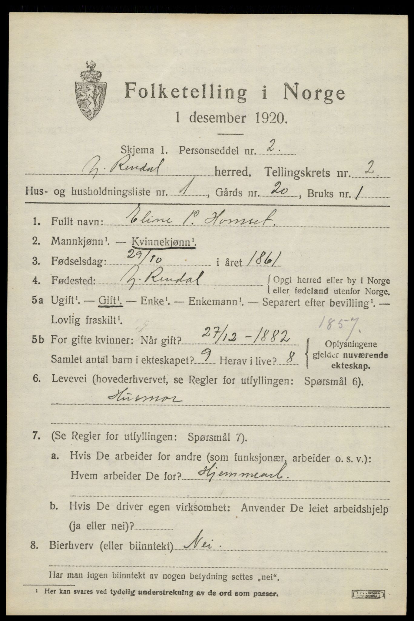 SAH, 1920 census for Ytre Rendal, 1920, p. 1069