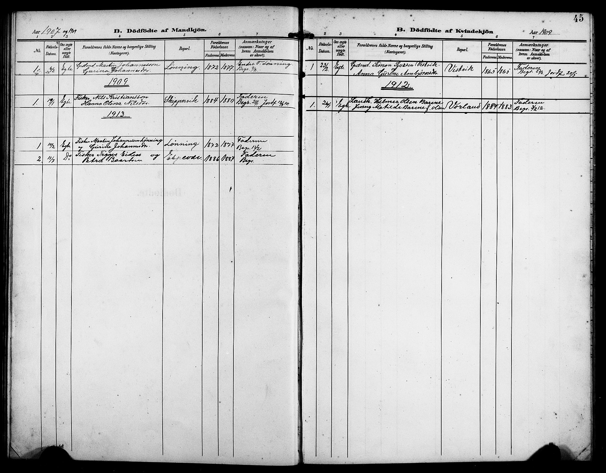 Finnås sokneprestembete, AV/SAB-A-99925/H/Ha/Hab/Habc/L0003: Parish register (copy) no. C 3, 1907-1917, p. 45