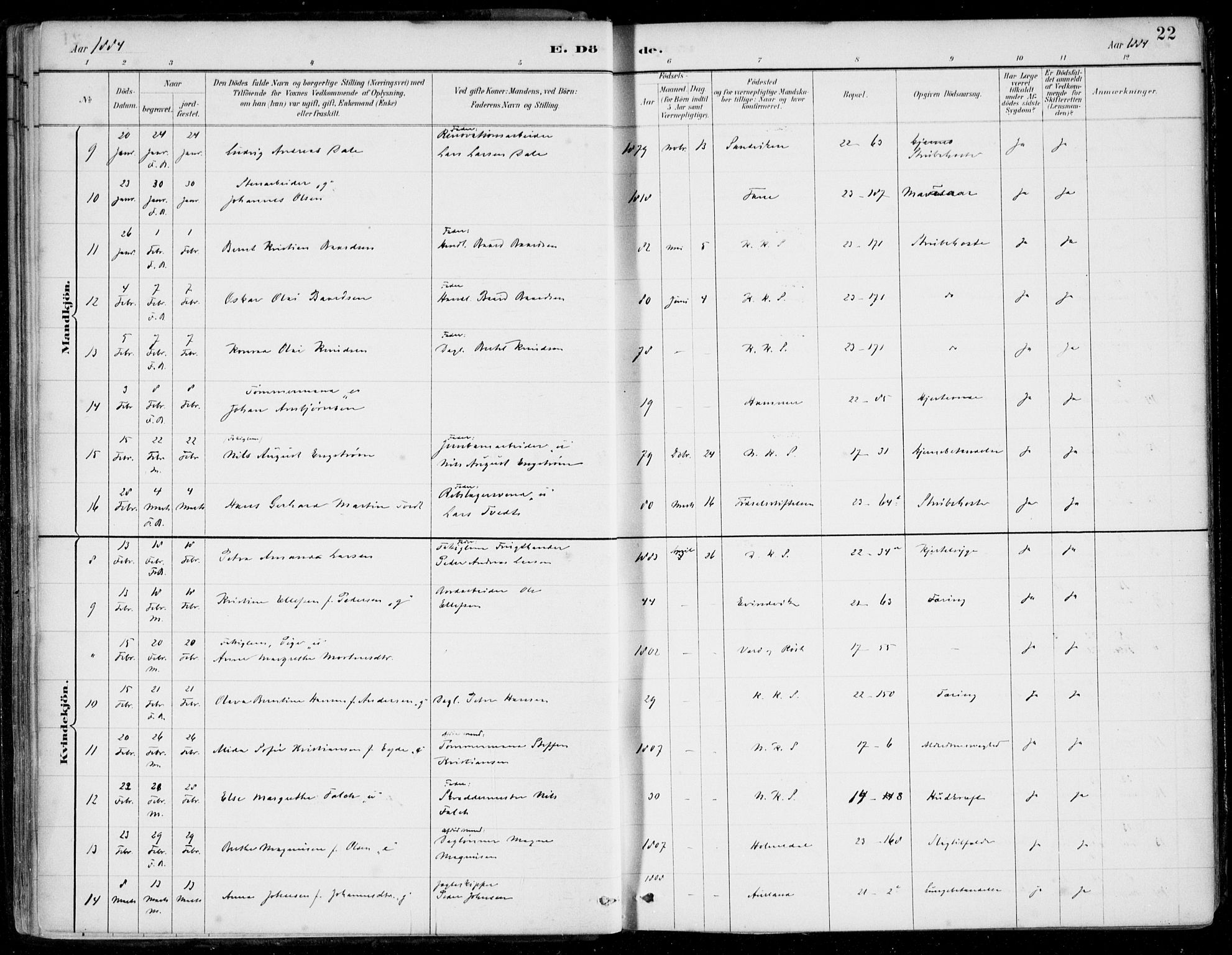 Korskirken sokneprestembete, SAB/A-76101/H/Hab: Parish register (copy) no. E 4, 1884-1910, p. 22