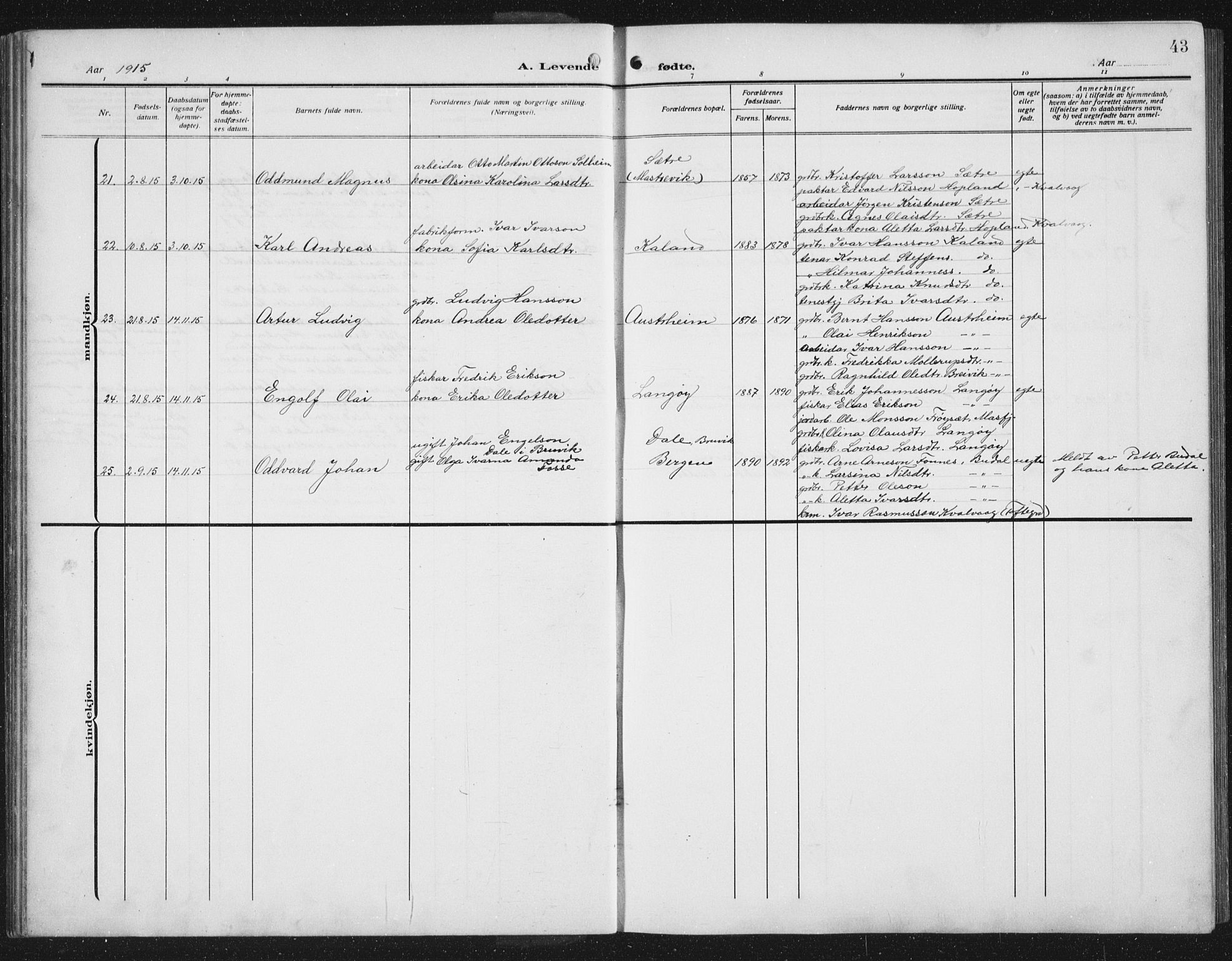 Lindås Sokneprestembete, AV/SAB-A-76701/H/Hab/Habc/L0005: Parish register (copy) no. C 5, 1910-1927, p. 43