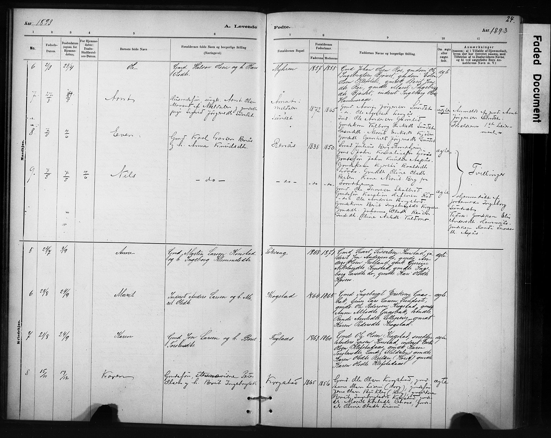 Ministerialprotokoller, klokkerbøker og fødselsregistre - Sør-Trøndelag, SAT/A-1456/694/L1127: Parish register (official) no. 694A01, 1887-1905, p. 24