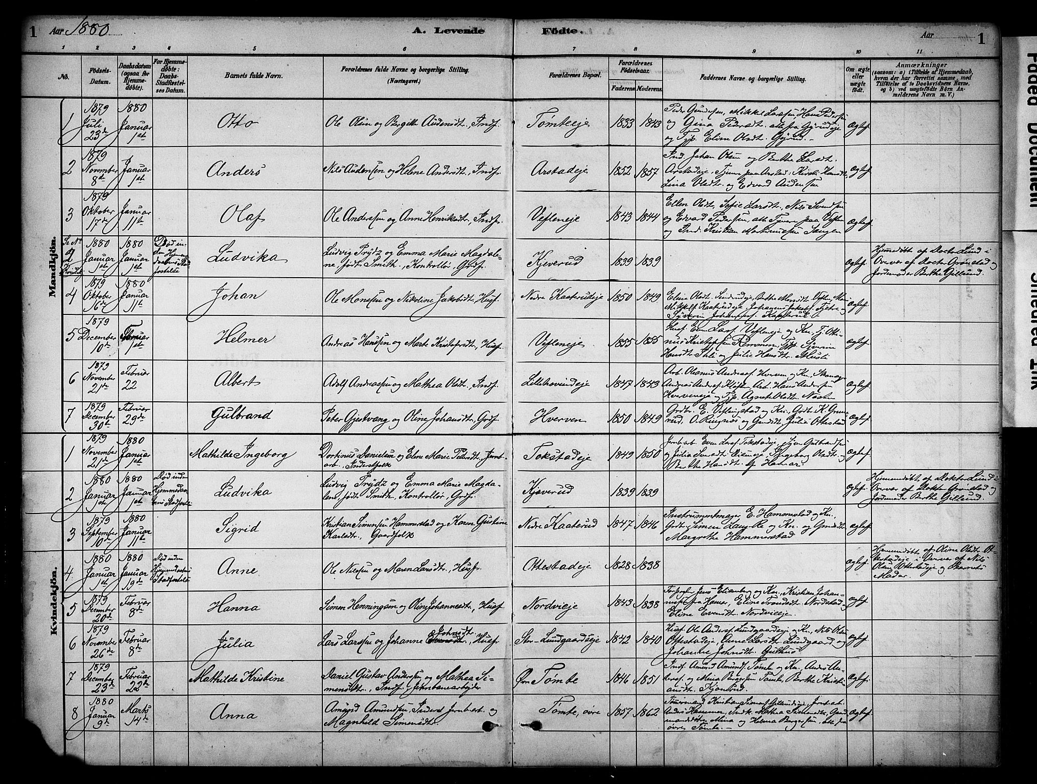 Stange prestekontor, SAH/PREST-002/K/L0019: Parish register (official) no. 19, 1880-1891, p. 1