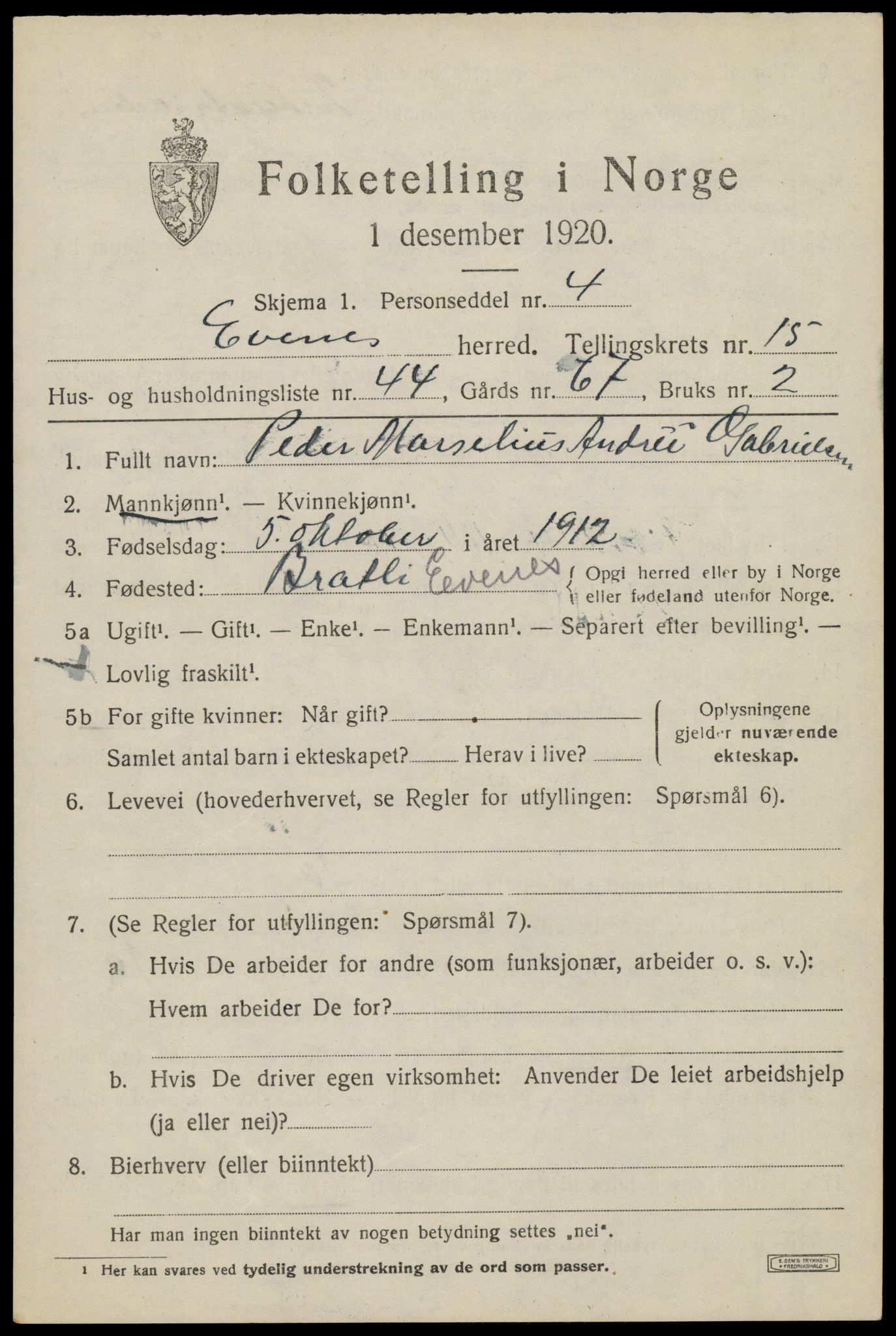 SAT, 1920 census for Evenes, 1920, p. 13176