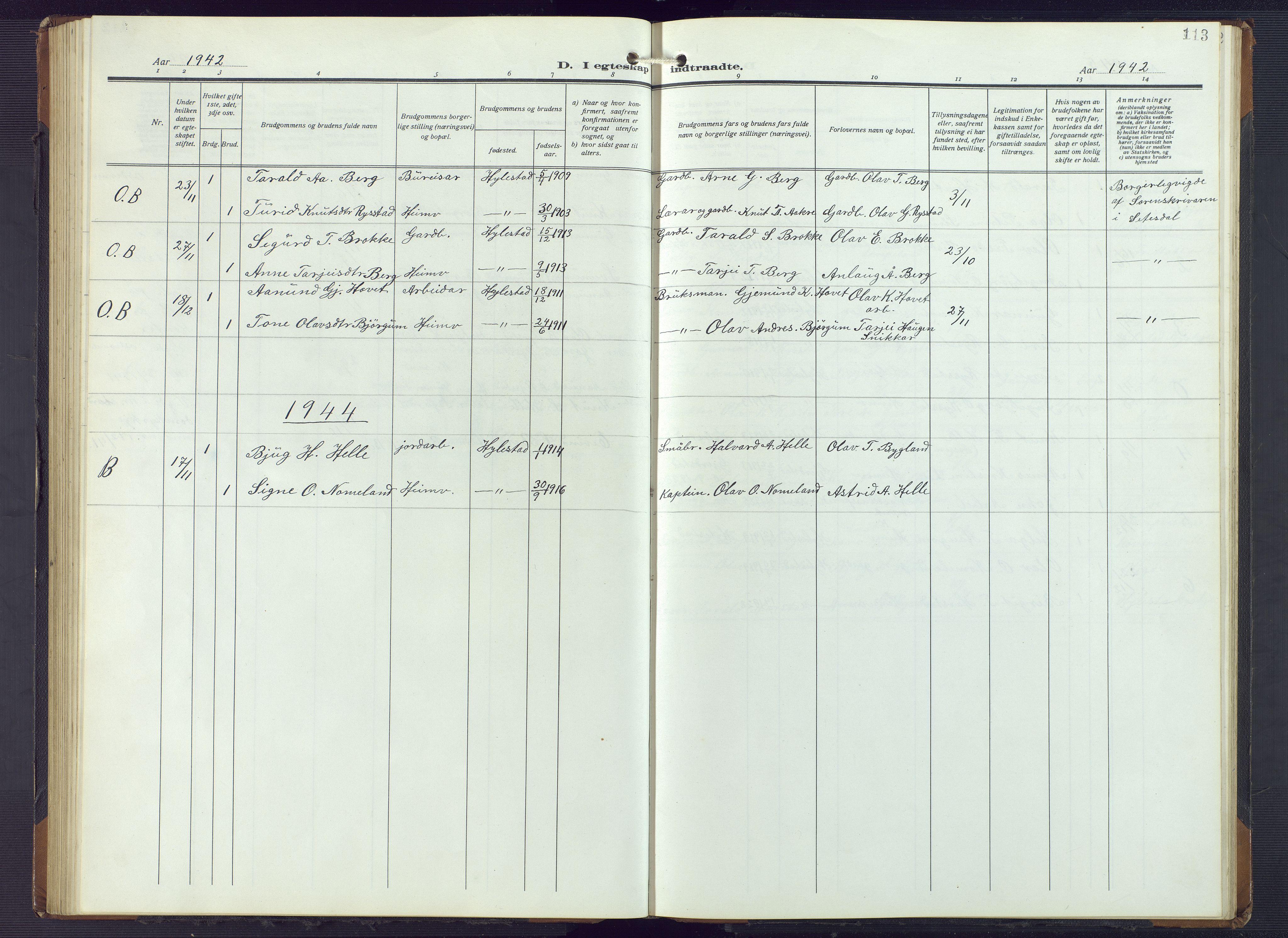 Valle sokneprestkontor, AV/SAK-1111-0044/F/Fb/Fbb/L0003: Parish register (copy) no. B 3, 1921-1948, p. 113