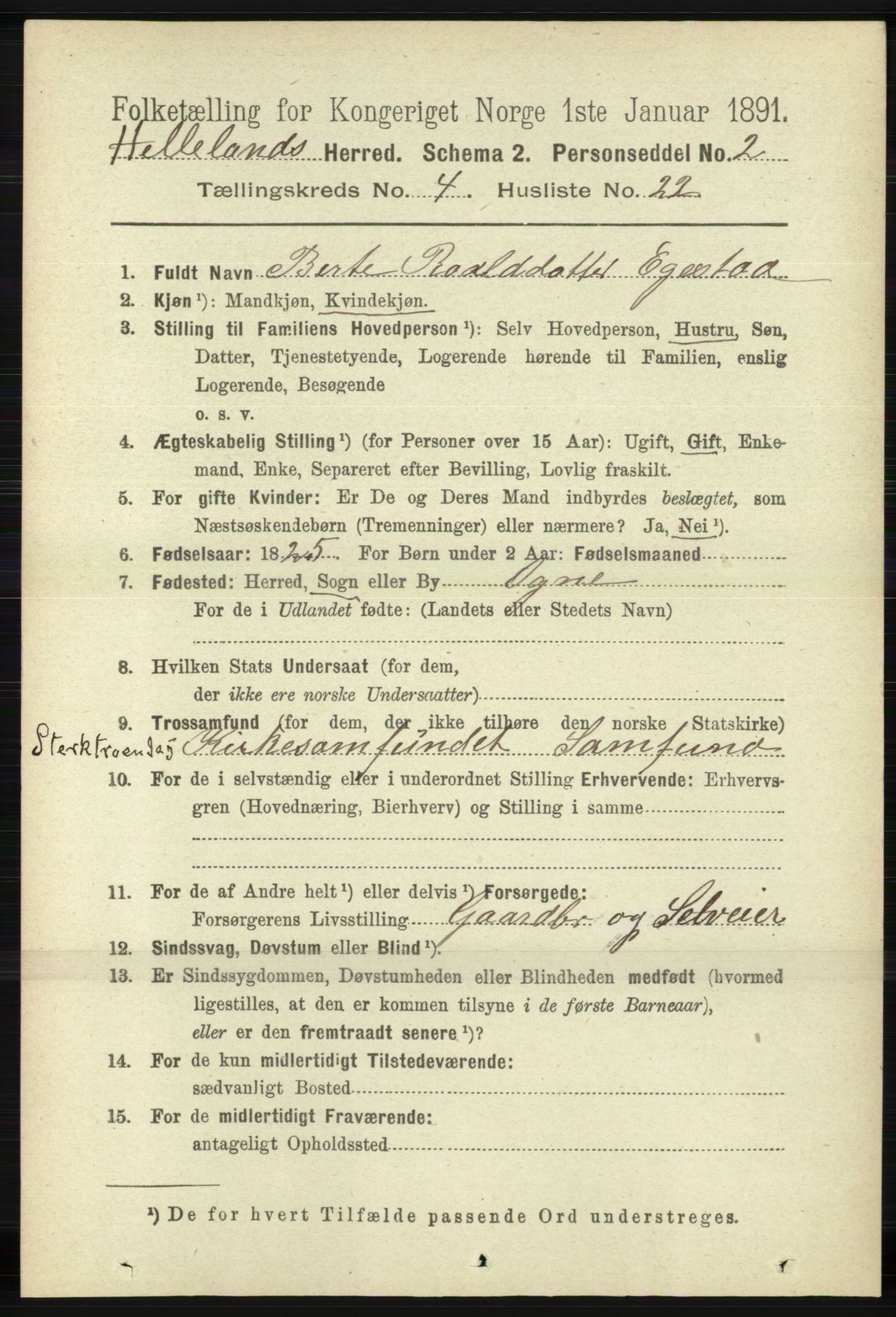 RA, 1891 census for 1115 Helleland, 1891, p. 1298