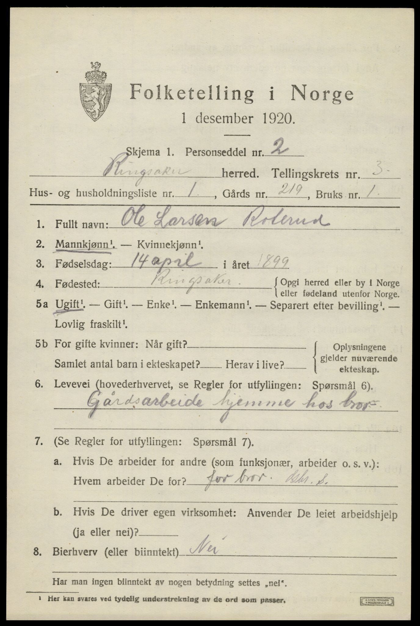 SAH, 1920 census for Ringsaker, 1920, p. 7556