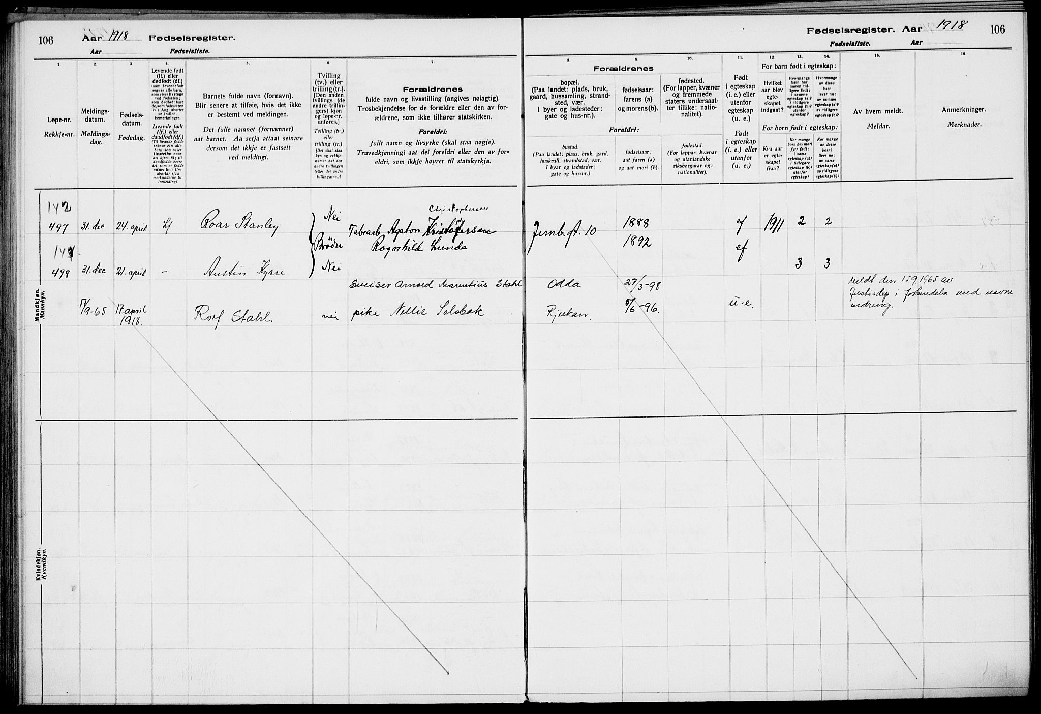 Rjukan kirkebøker, AV/SAKO-A-294/J/Ja/L0001: Birth register no. 1, 1916-1922, p. 106