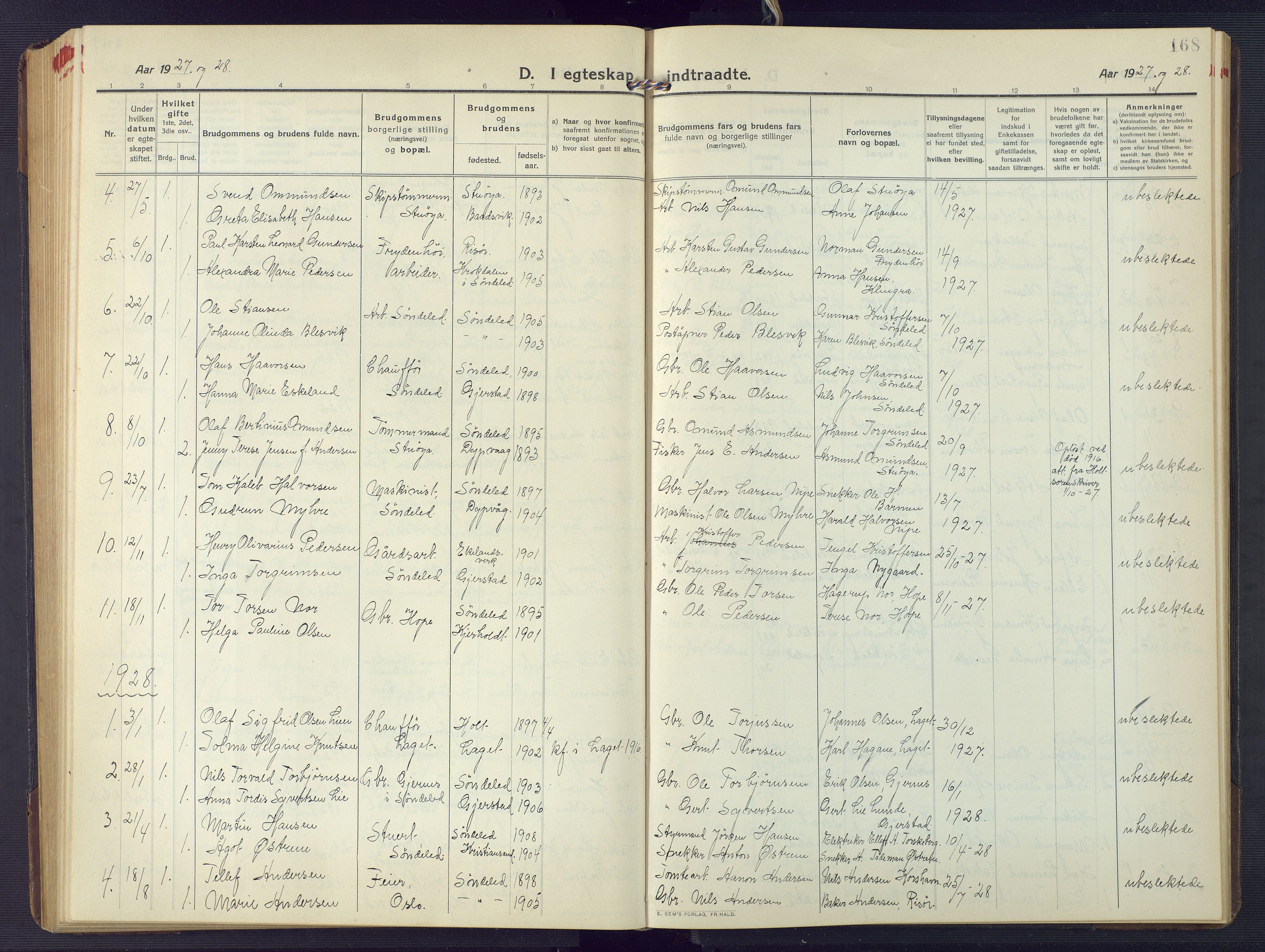 Søndeled sokneprestkontor, AV/SAK-1111-0038/F/Fb/L0006: Parish register (copy) no. B 7, 1912-1947, p. 168