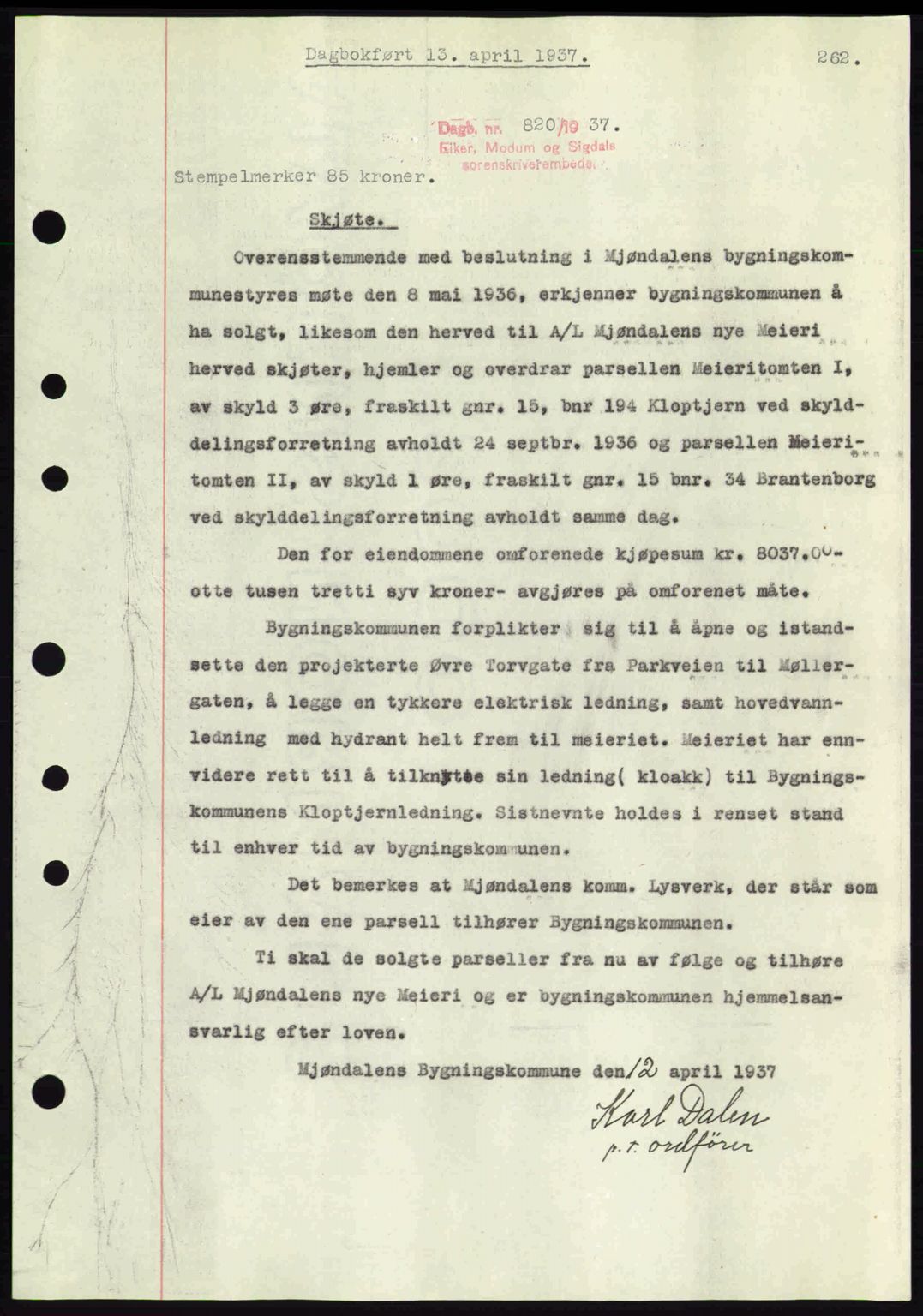 Eiker, Modum og Sigdal sorenskriveri, SAKO/A-123/G/Ga/Gab/L0035: Mortgage book no. A5, 1937-1937, Diary no: : 820/1937