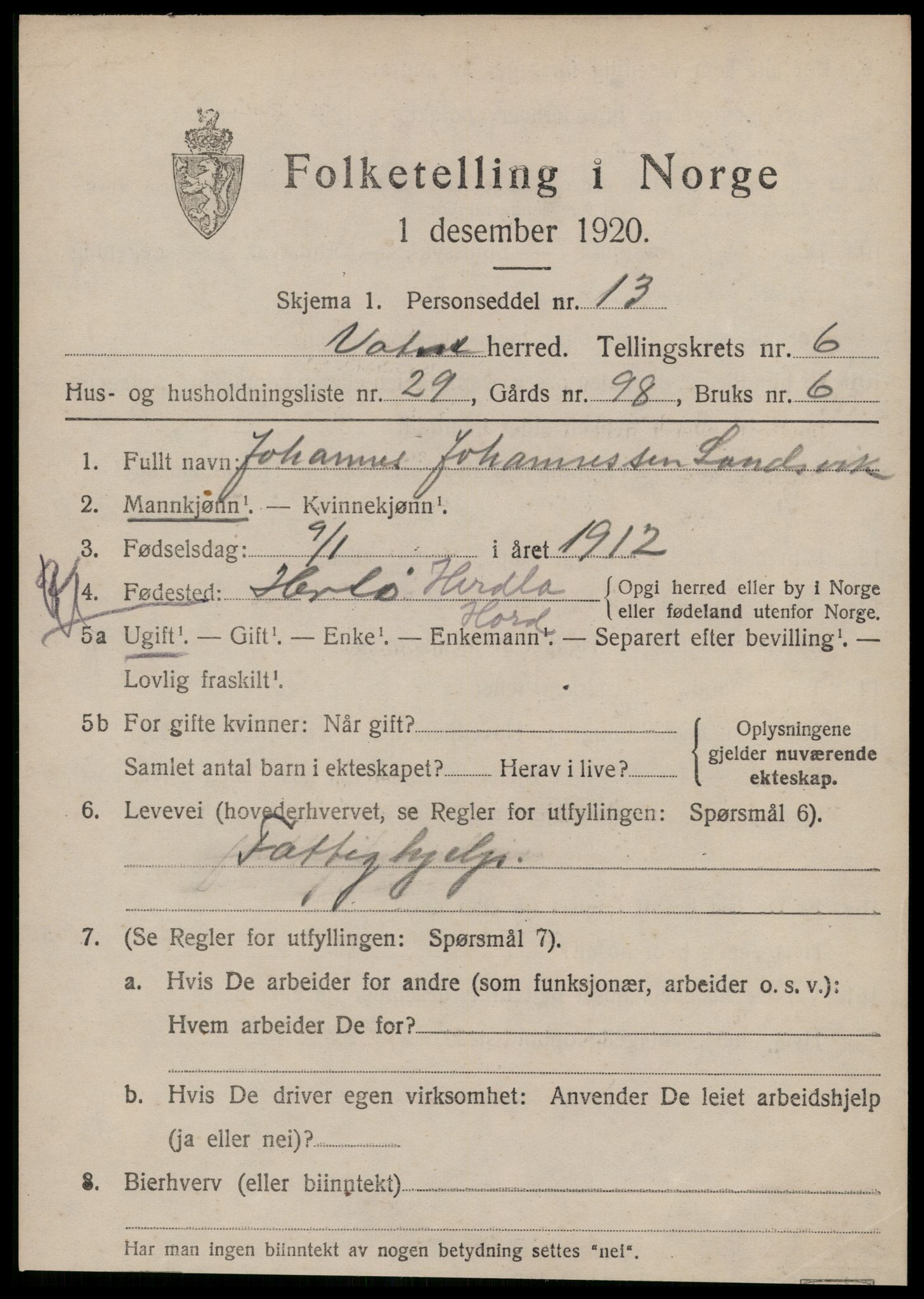 SAT, 1920 census for Vatne, 1920, p. 3120