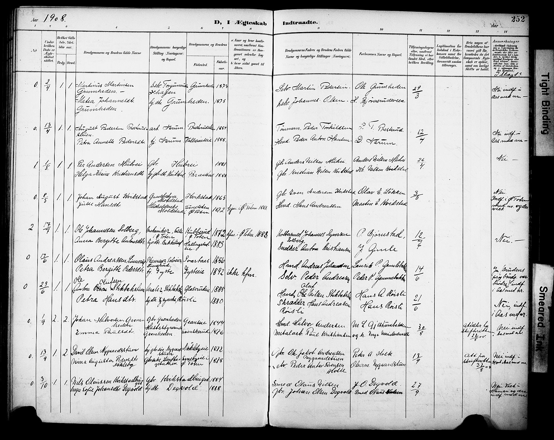 Vestre Toten prestekontor, SAH/PREST-108/H/Ha/Haa/L0013: Parish register (official) no. 13, 1895-1911, p. 252