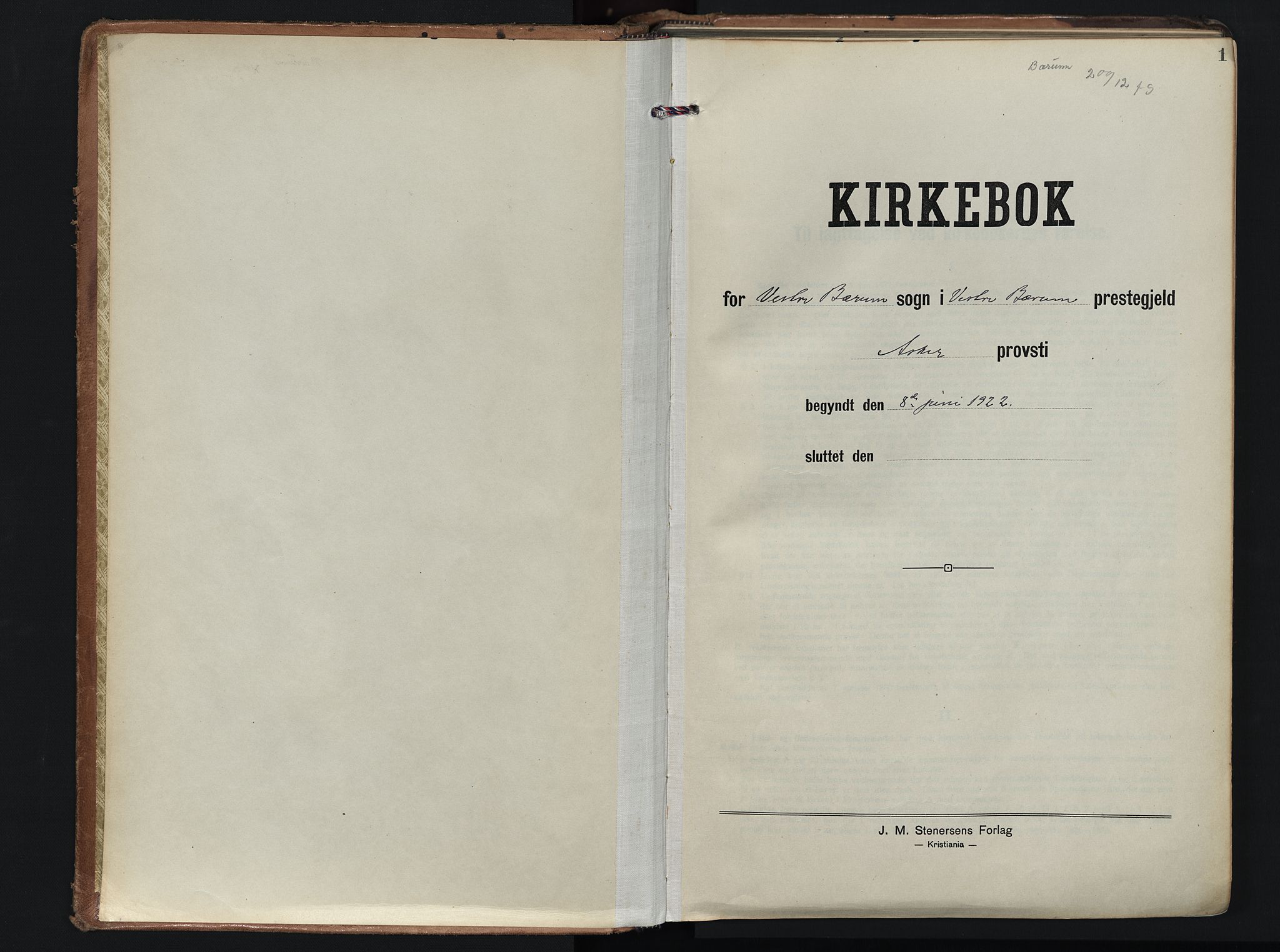 Vestre Bærum prestekontor Kirkebøker, AV/SAO-A-10209a/F/Fa/L0005: Parish register (official) no. 5, 1922-1962, p. 1
