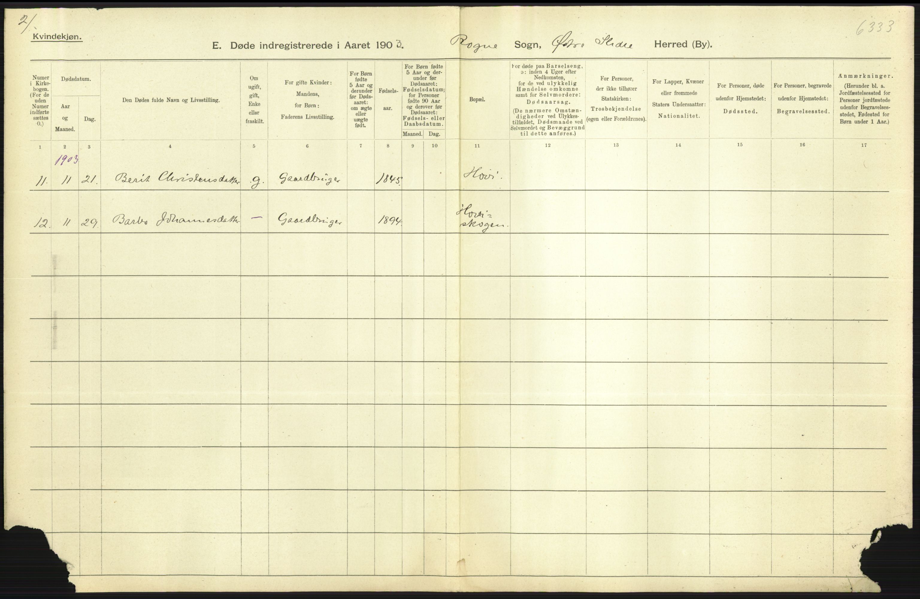 Statistisk sentralbyrå, Sosiodemografiske emner, Befolkning, AV/RA-S-2228/D/Df/Dfa/Dfaa/L0006: Kristians amt: Fødte, gifte, døde, 1903, p. 633