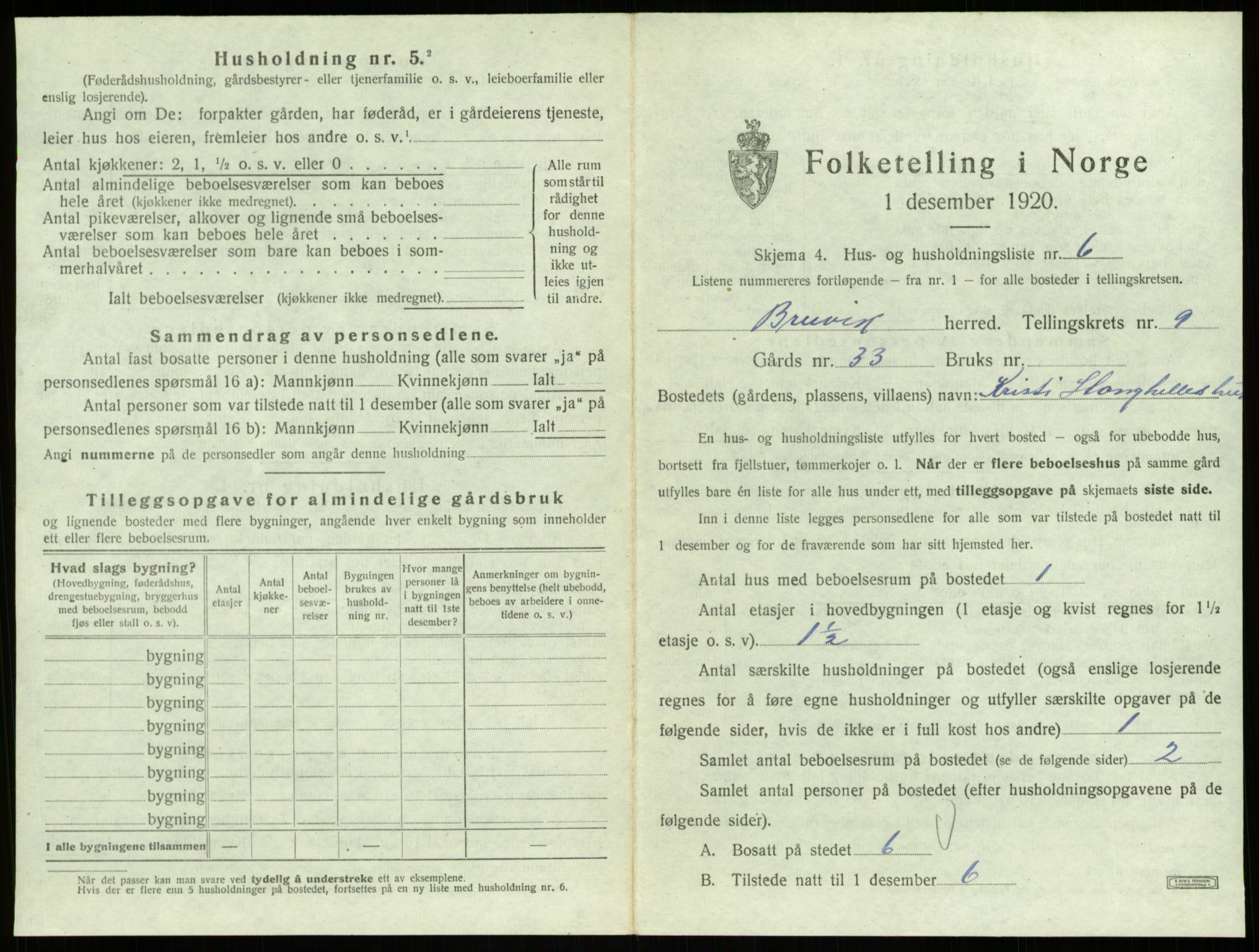 SAB, 1920 census for Bruvik, 1920, p. 611