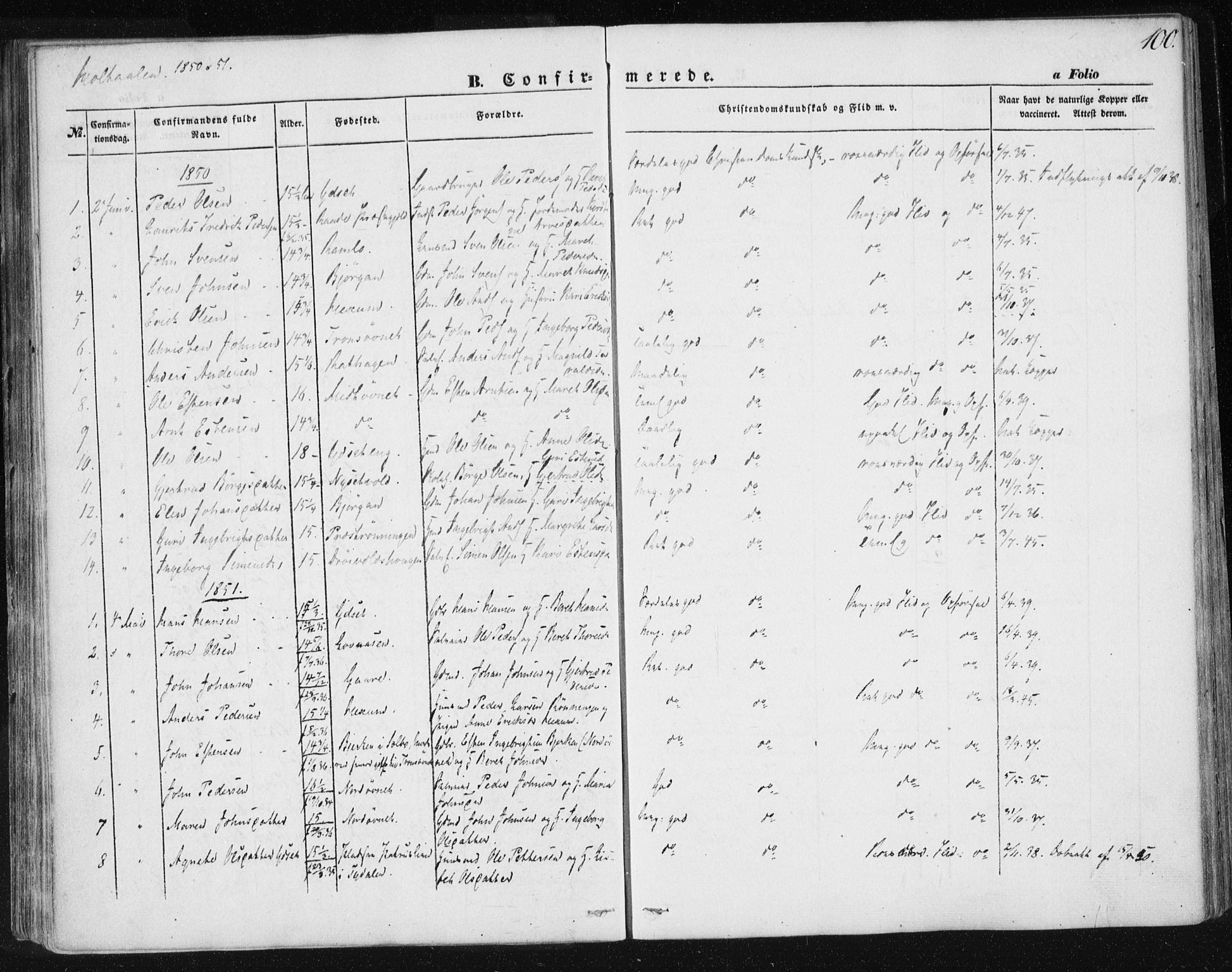 Ministerialprotokoller, klokkerbøker og fødselsregistre - Sør-Trøndelag, SAT/A-1456/685/L0963: Parish register (official) no. 685A06 /1, 1846-1859, p. 100