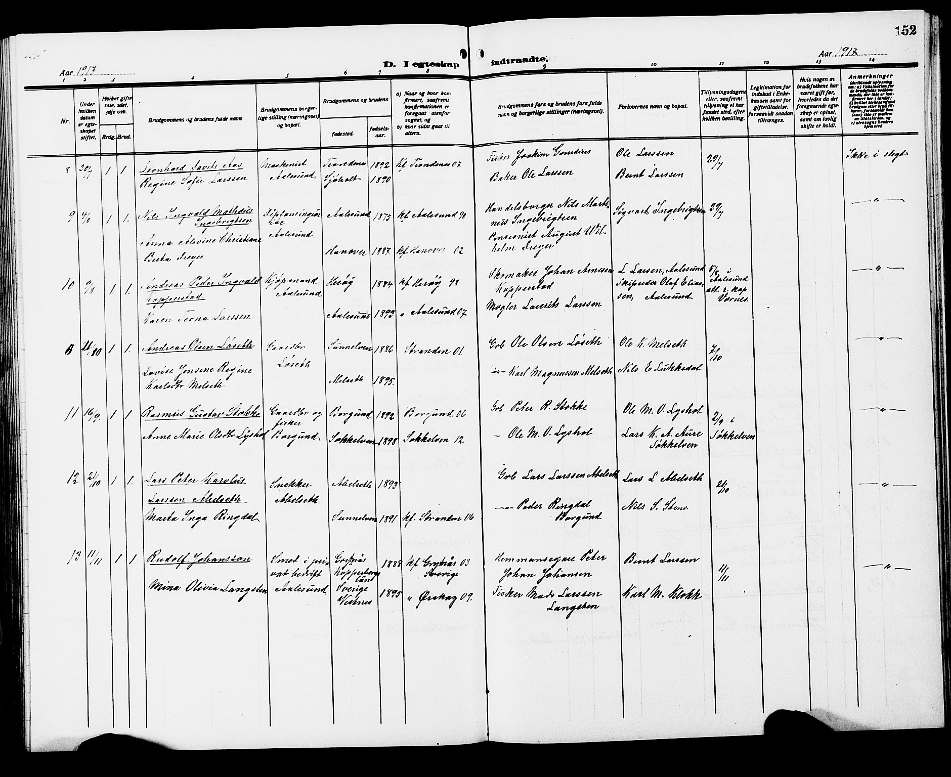 Ministerialprotokoller, klokkerbøker og fødselsregistre - Møre og Romsdal, AV/SAT-A-1454/522/L0328: Parish register (copy) no. 522C07, 1909-1925, p. 152