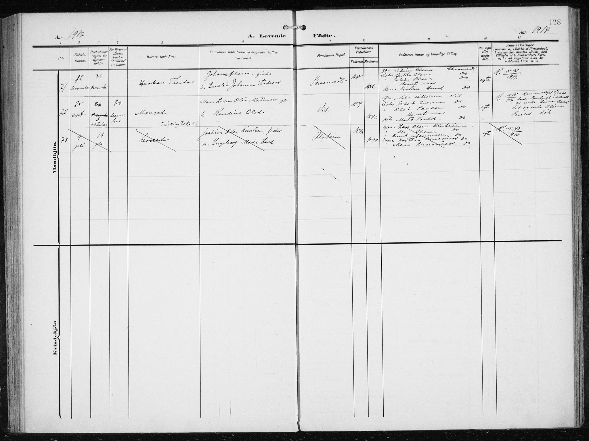 Herdla Sokneprestembete, AV/SAB-A-75701/H/Haa: Parish register (official) no. A 5, 1905-1918, p. 128