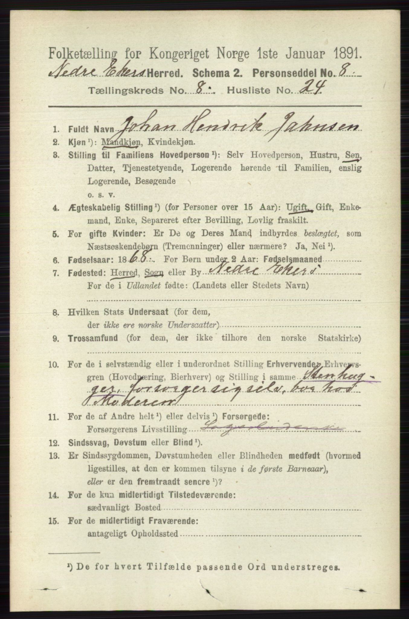 RA, 1891 census for 0625 Nedre Eiker, 1891, p. 4099