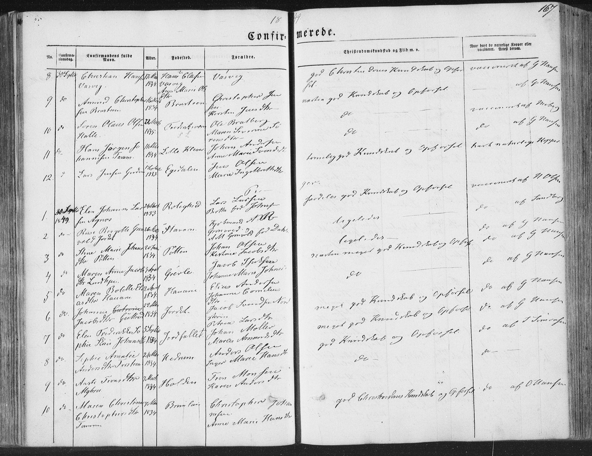 Brunlanes kirkebøker, AV/SAKO-A-342/F/Fa/L0004: Parish register (official) no. I 4, 1846-1862, p. 167