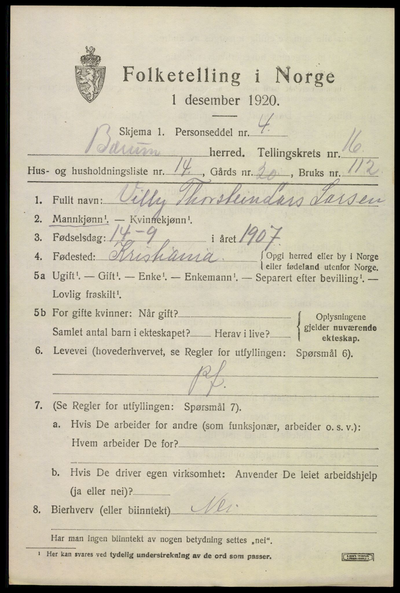 SAO, 1920 census for Bærum, 1920, p. 43312