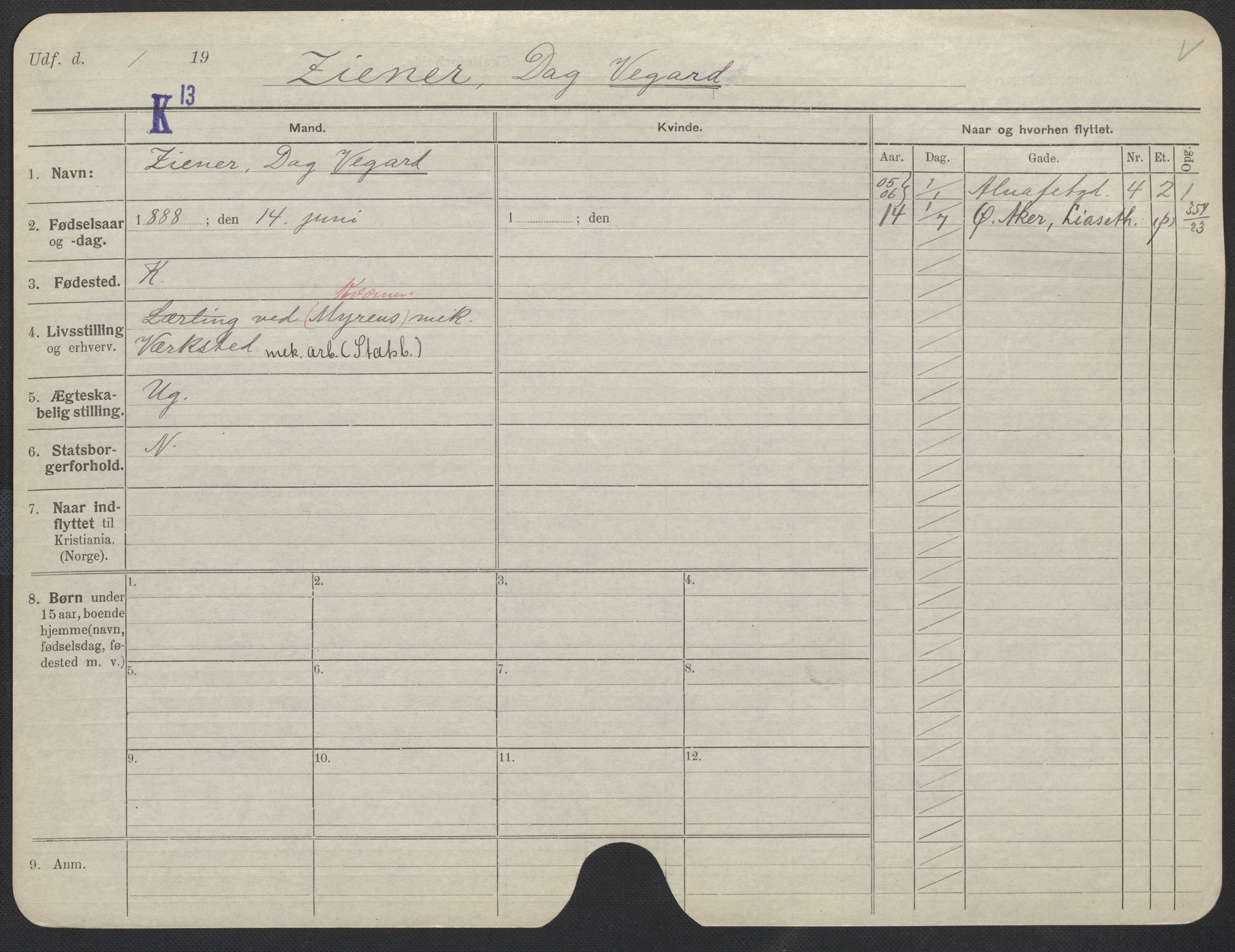 Oslo folkeregister, Registerkort, SAO/A-11715/F/Fa/Fac/L0011: Menn, 1906-1914, p. 1001a