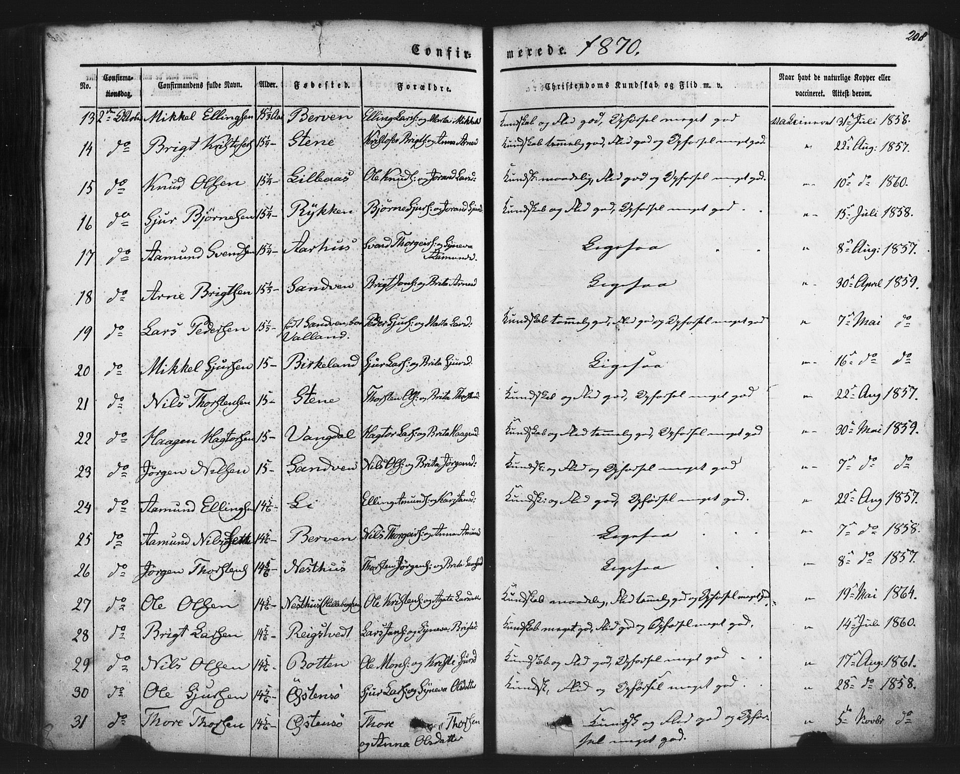 Kvam sokneprestembete, AV/SAB-A-76201/H/Haa: Parish register (official) no. A 9, 1864-1879, p. 208