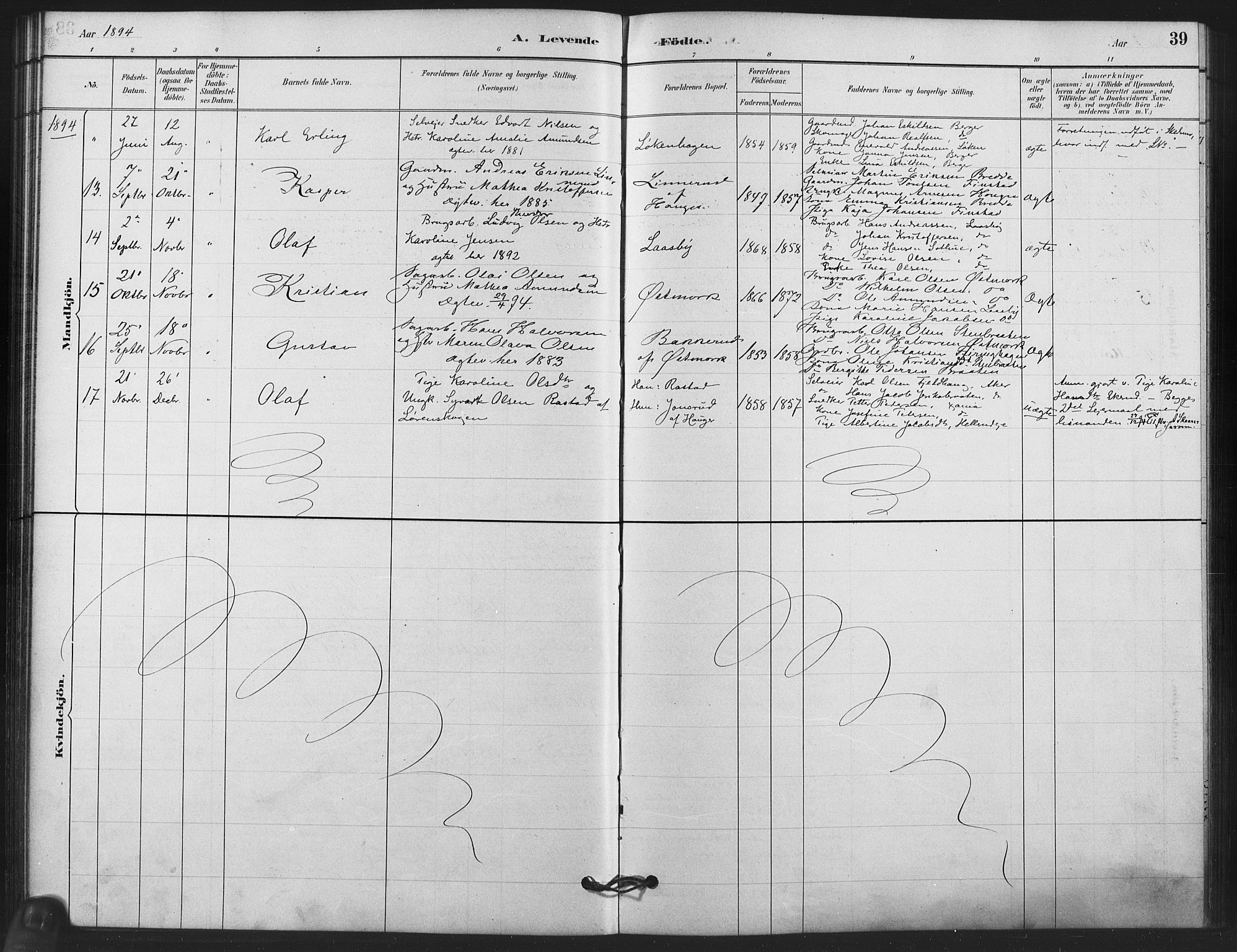 Skedsmo prestekontor Kirkebøker, AV/SAO-A-10033a/F/Fb/L0001: Parish register (official) no. II 1, 1883-1901, p. 39