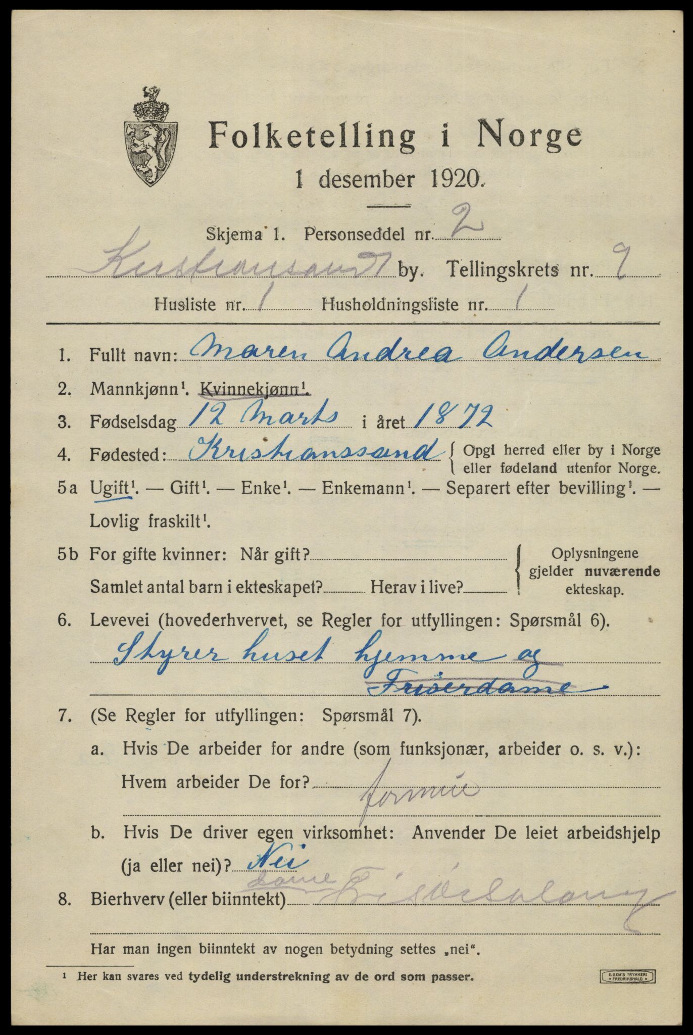 SAK, 1920 census for Kristiansand, 1920, p. 22505