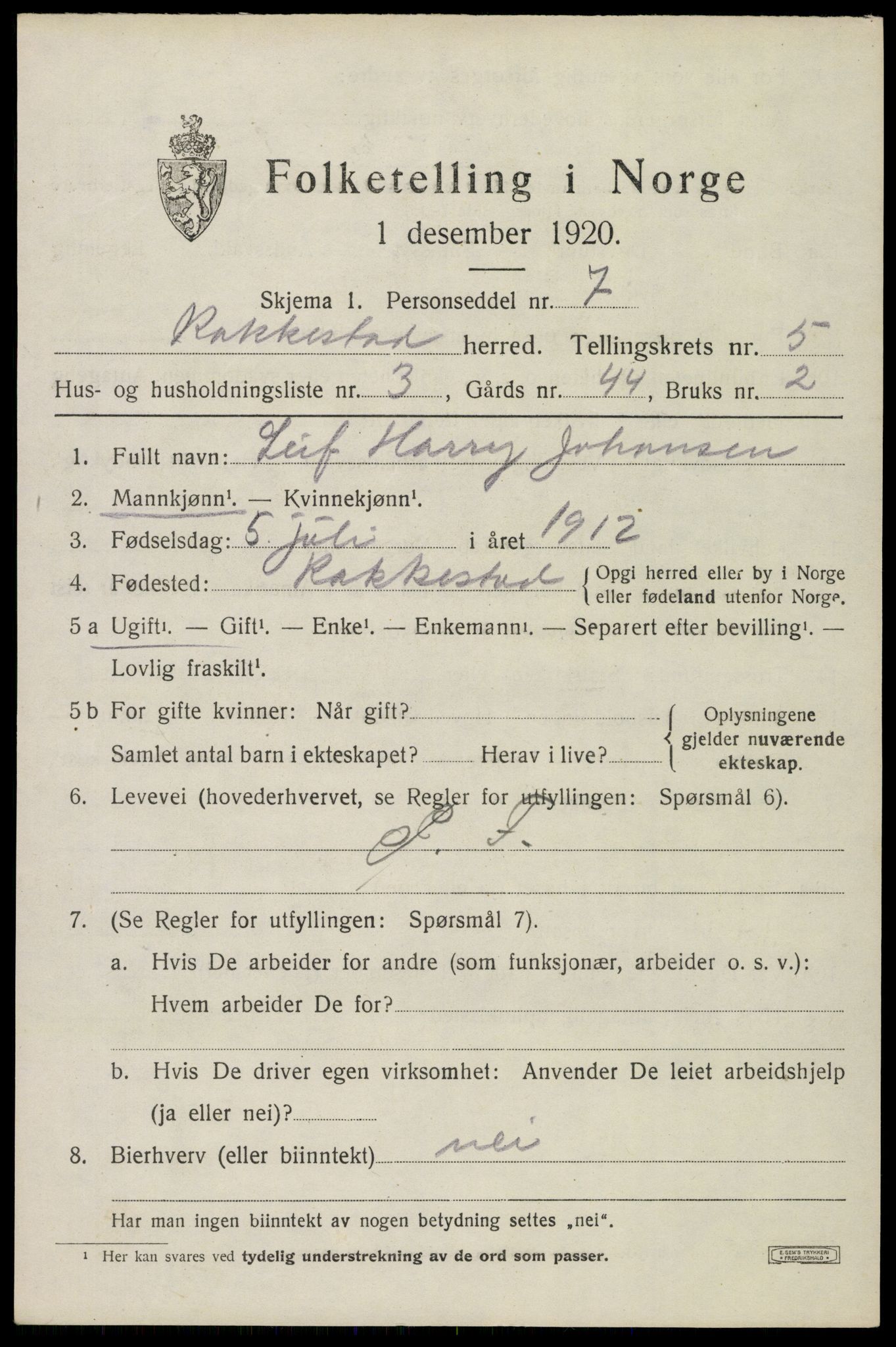 SAO, 1920 census for Rakkestad, 1920, p. 6033