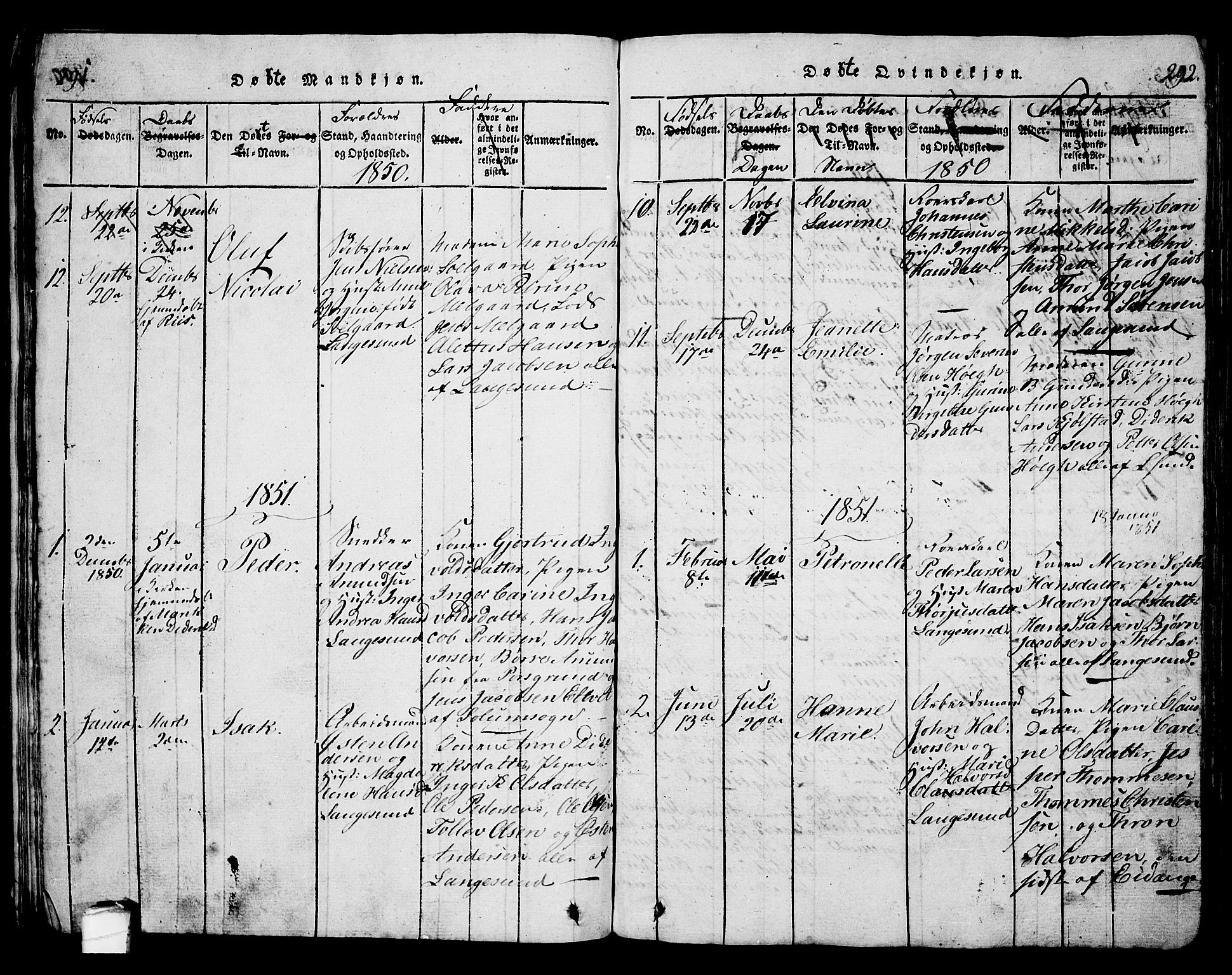 Langesund kirkebøker, SAKO/A-280/G/Ga/L0003: Parish register (copy) no. 3, 1815-1858, p. 291-292
