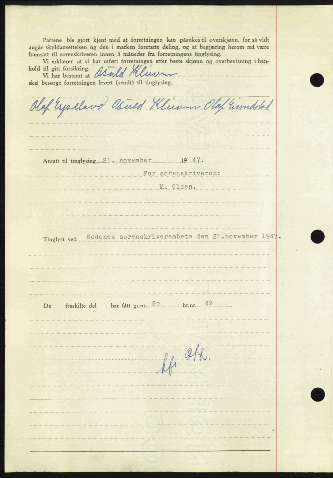 Nedenes sorenskriveri, AV/SAK-1221-0006/G/Gb/Gba/L0058: Mortgage book no. A10, 1947-1948, Diary no: : 1717/1947