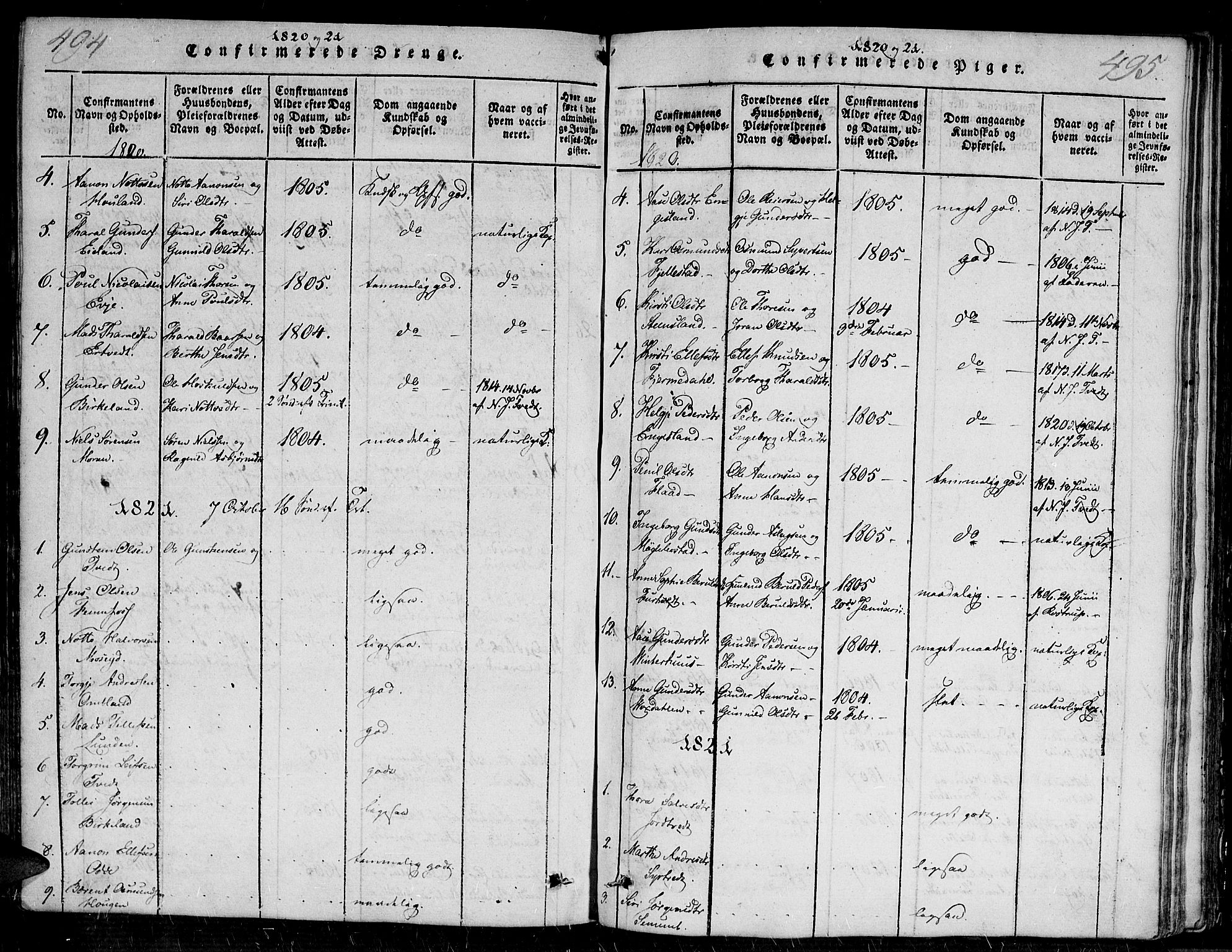 Evje sokneprestkontor, SAK/1111-0008/F/Fa/Faa/L0004: Parish register (official) no. A 4, 1816-1840, p. 494-495