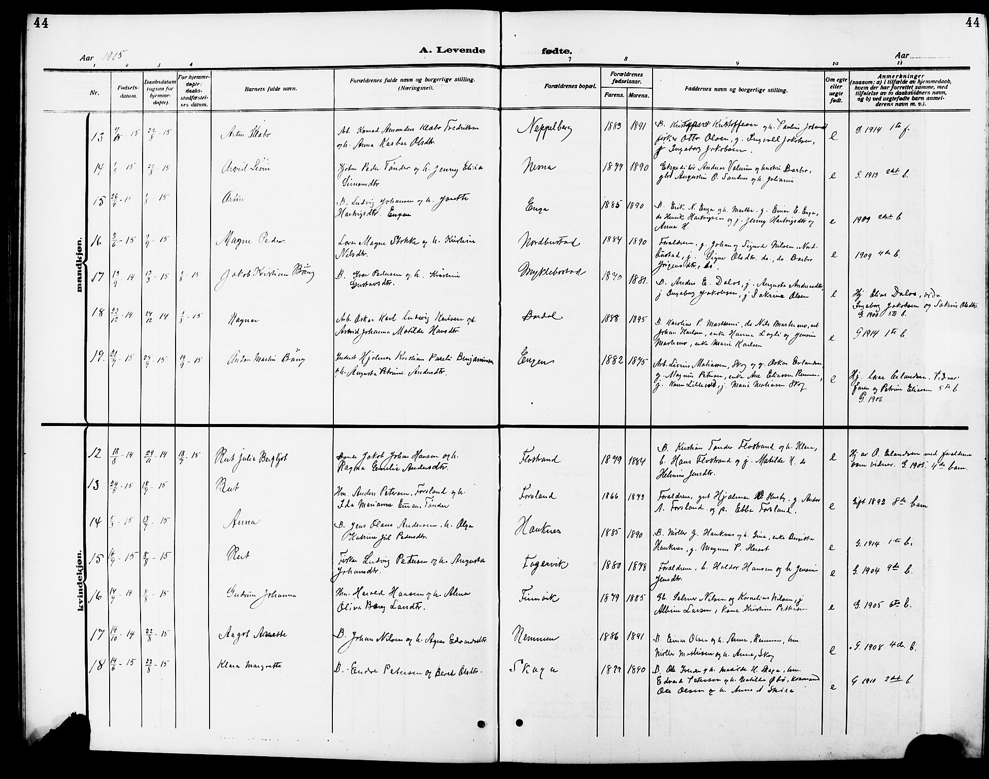 Ministerialprotokoller, klokkerbøker og fødselsregistre - Nordland, AV/SAT-A-1459/838/L0560: Parish register (copy) no. 838C07, 1910-1928, p. 44